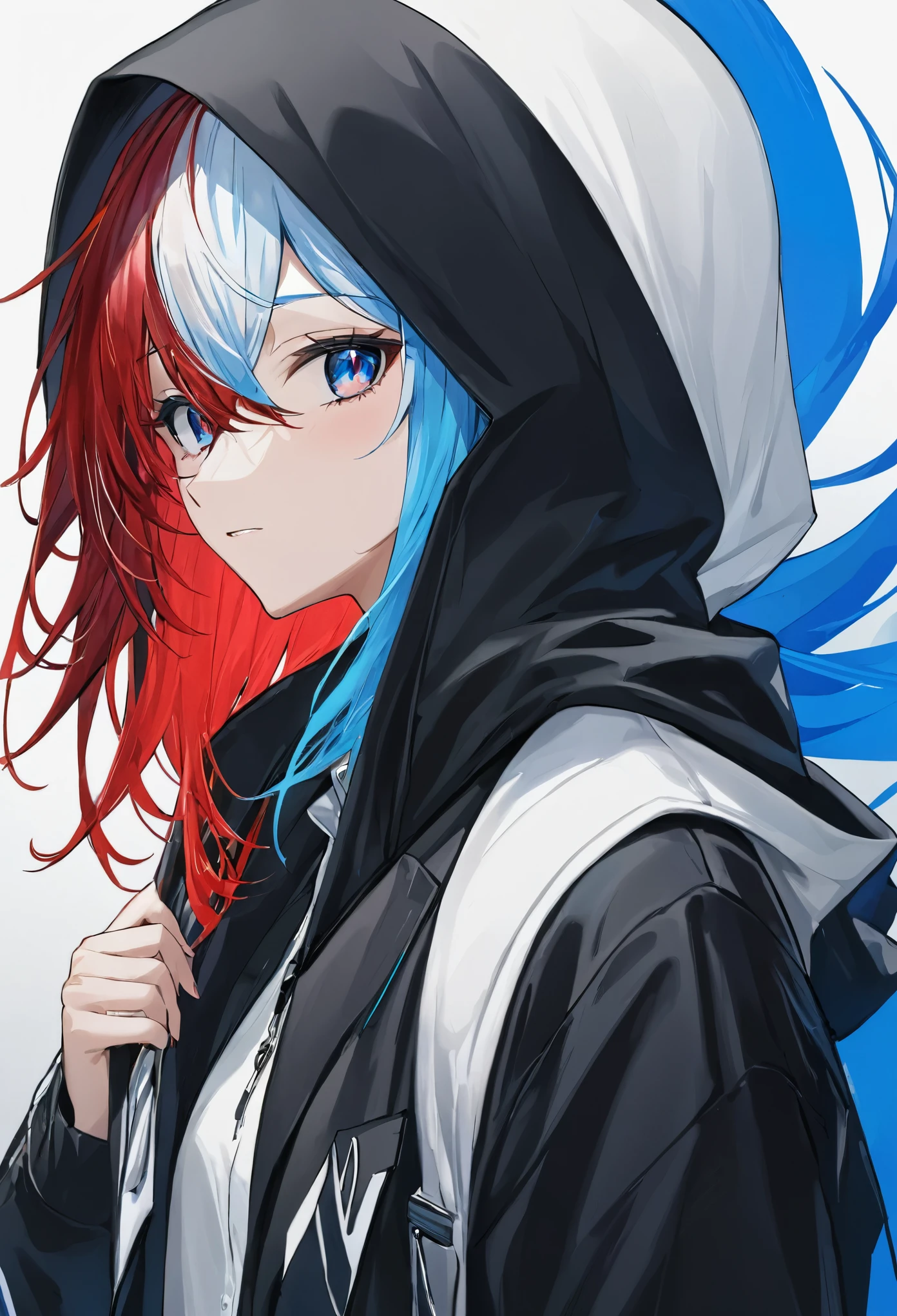 woman short The left eye is blue Red on the right all hair color is white Clothes He wears a black hooded jacket over his suit. Upper body