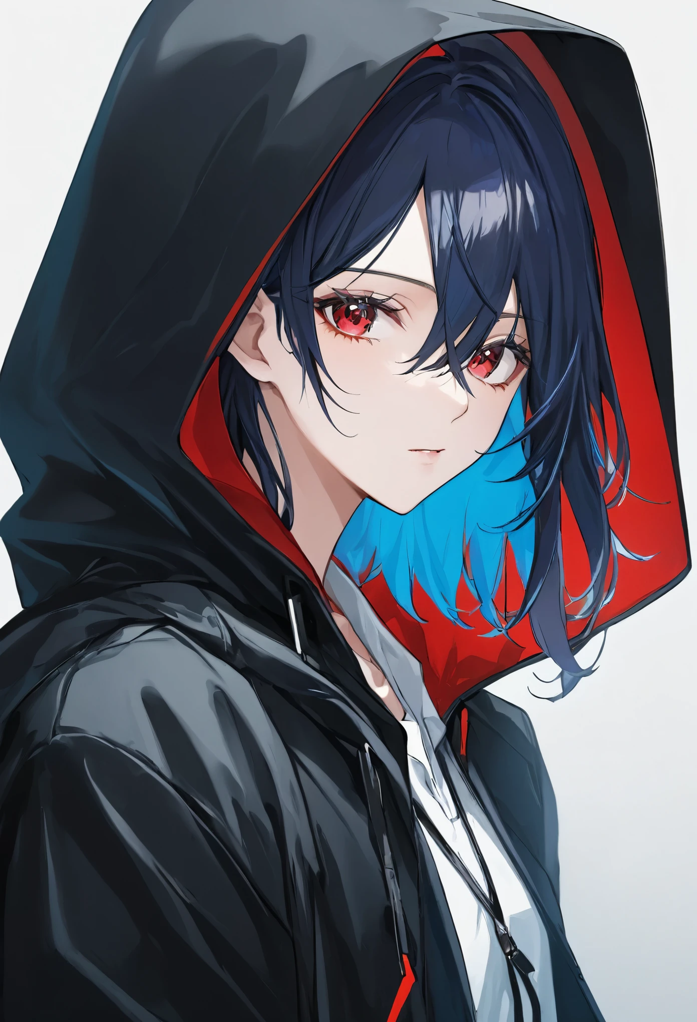 woman　short　The left eye is blue　Red on the right　all hair color is white　Clothes　He wears a black hooded jacket over his suit.　Upper body