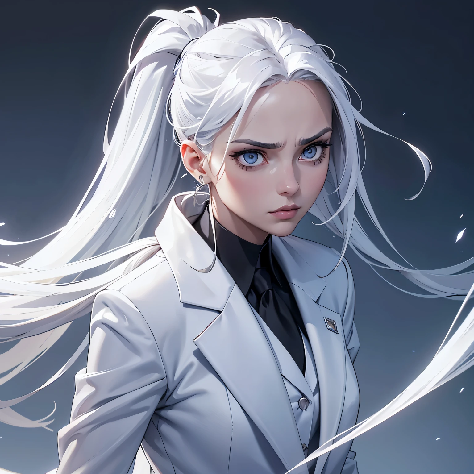 Girl with holy magic, long white straight hair tied into a ponytail, in a formal suit and white lab coat, in heels, platinum wing jewelry ,Serious face, Beautiful face, Expressive eyes, beautiful skin, Masterpiece, high quality, sharp focus, A high resolution, dynamic pose