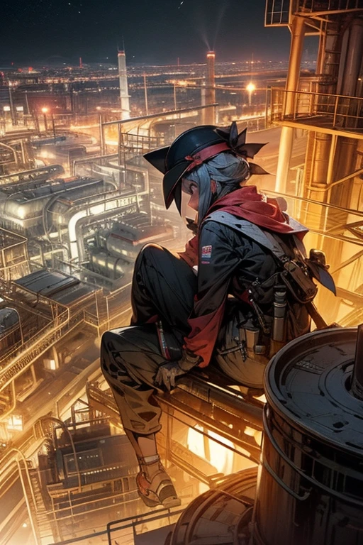A girl sits atop the tower of petrochemical plant, at night,