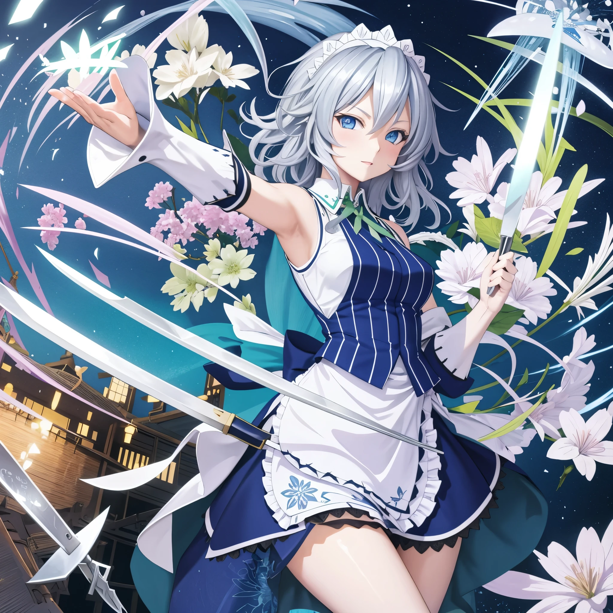 vibrant, mesmerizing, sakuya izayoi, silver hair, maid dress, white apron, very short skirt, sexy pose, flying knive, holding knife, sleeveless outfit, detailed face, detailed eyes, fresh blue eyes, big green ribbons, blue outfit