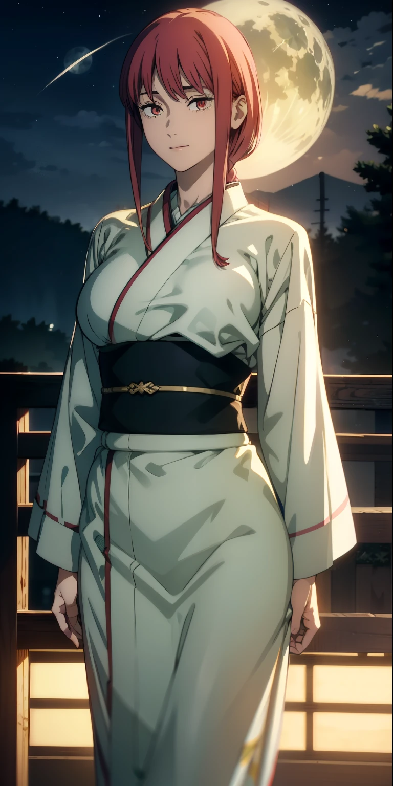 , (masterpiece), (best quality), (ultra-detailed), (extremely detailed cg), (a extremely delicate), (perfect lighting), (8k), (dynamic angle), (sharp image), vibrant colors, female, masterpiece, best quality, depth of field, cinematic lighting, masterpiece, best quality, ultra-detailed, colorful, vibrant, large breasts, thighs, mature female, solo, (masterpiece, best quality, high resolution, animescreencap, anime colored,), (perfect anatomy, beautiful detailed eyes, beautiful detailed body, beautiful breast, shiny skin), a sexy mature anime lady standing outside wearing japanese kimono, ((white kimono)) , japanese festival, night, moon, stars, looking at viewer, side bangs, red hair, ringed eyes, braided ponytail, side bangs, medium breasts, medium chest, outdoors ,arms above head, red lipstick