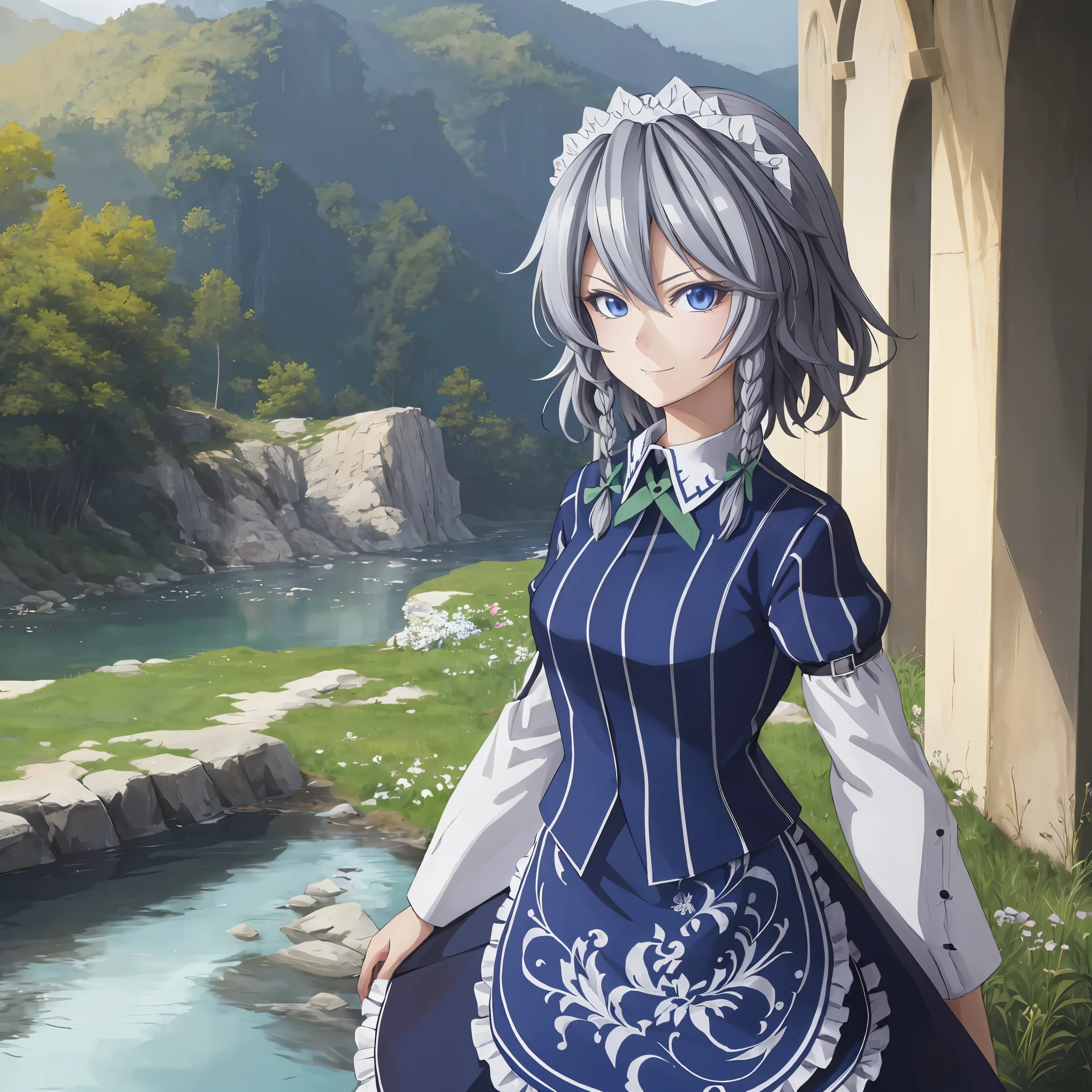 masterpiece:1.2, best quality, ((ultra detailed)), high resolution, 2d, anime style , photo, photography, detailed background, solo, {izayoi_sakuya_touhou}, braid, twin_braids, maid_headdress, short_hair, maid, bow, grey_hair, hair_bow, bangs, blue_eyes, ribbon, hair_between_eyes,apron, cowboy shot,green_bow,BREAK light smile,walking,, 