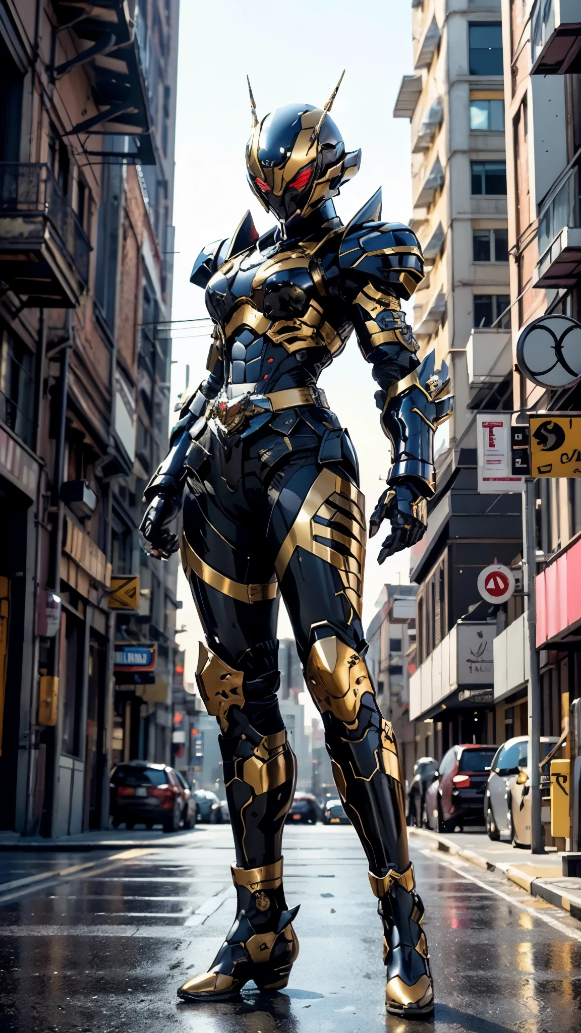 A woman adorned in fantasy-style full-body armor, a crown-concept fully enclosed helmet that unveils only her eyes, a composite layered chest plate, fully encompassing shoulder and hand guards, a lightweight waist armor, form-fitting shin guards, the overall design is heavy-duty yet flexible, ((the armor gleams with a golden glow, complemented by red and blue accents)), exhibiting a noble aura, she floats above the Futuristic city, this character embodies a finely crafted fantasy-surreal style armored hero in anime style, exquisite and mature manga art style, (Queen bee mixed with Spider concept Armor, photorealistic:1.4, real texture material:1.2), ((city night view, elegant, goddess, femminine:1.5)), metallic, high definition, best quality, highres, ultra-detailed, ultra-fine painting, extremely delicate, professional, anatomically correct, symmetrical face, extremely detailed eyes and face, high quality eyes, creativity, RAW photo, UHD, 32k, Natural light, cinematic lighting, masterpiece-anatomy-perfect, masterpiece:1.5