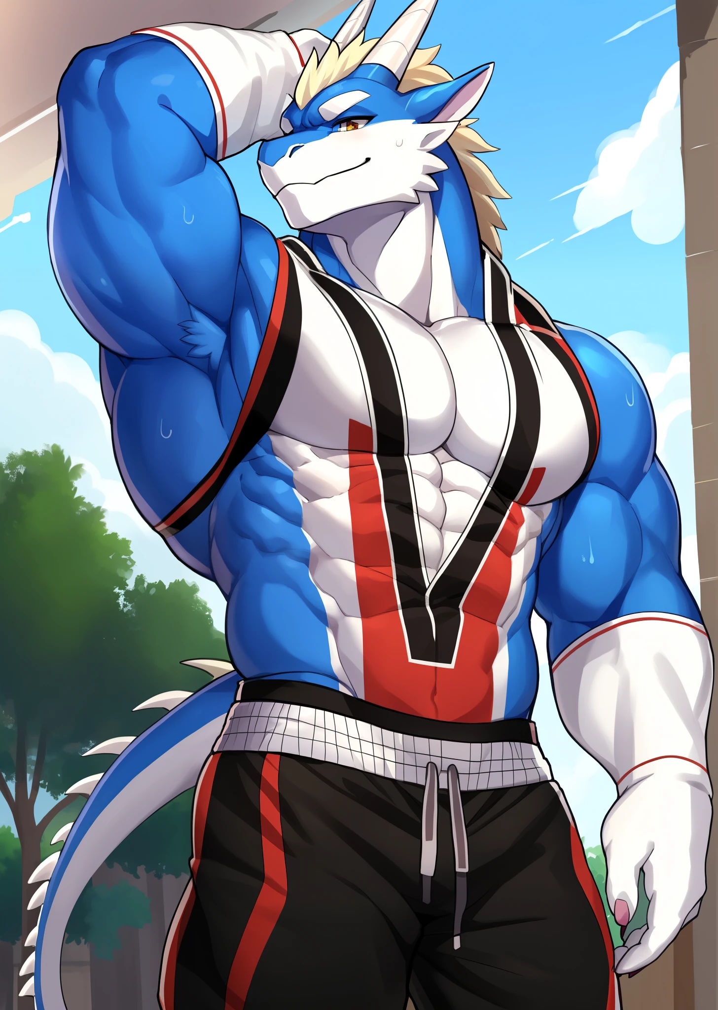 whole body,蓝色dragon人，muscle，young，dragon，Wearing sportswear and sweatpants，