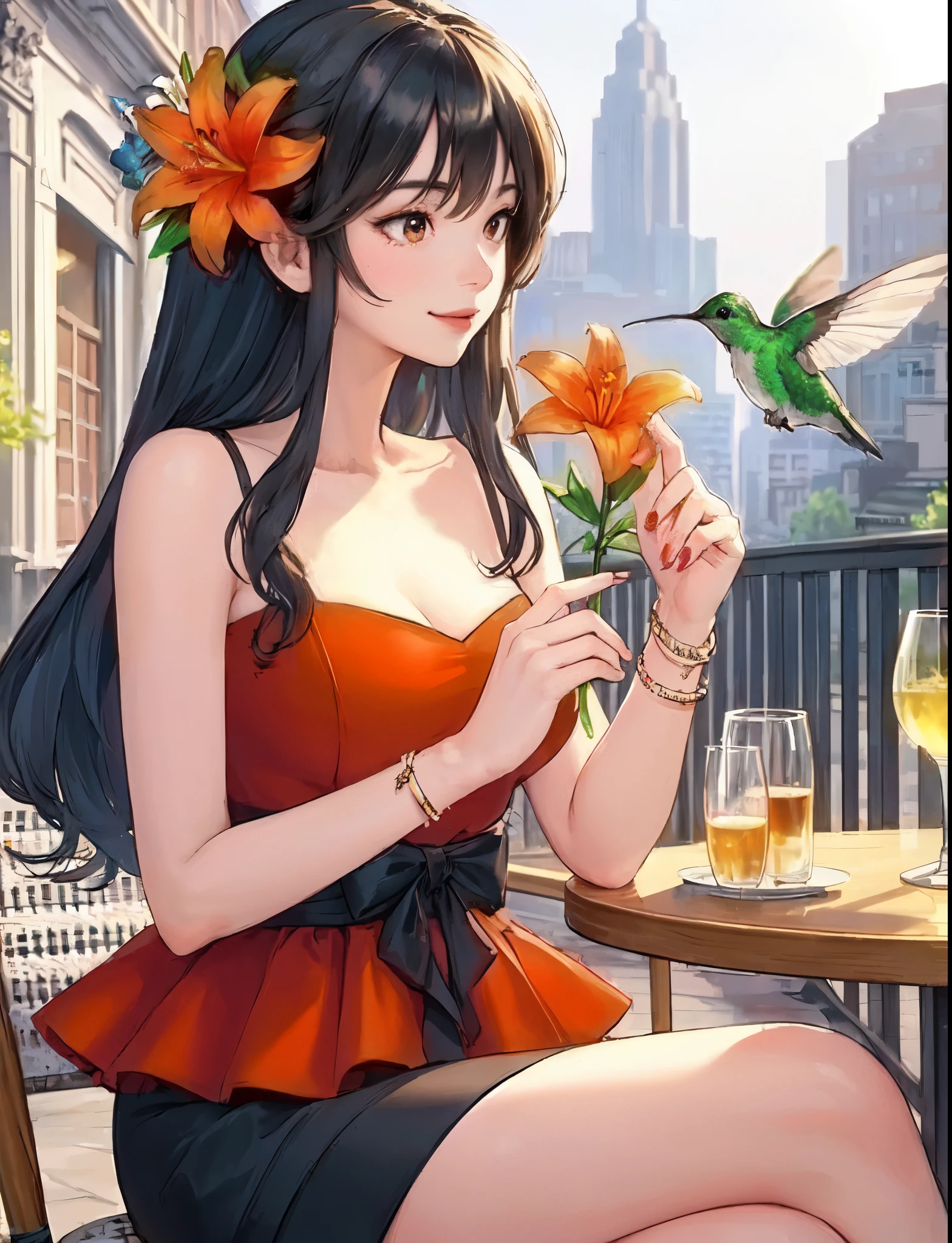 1lady solo, sitting at terrace seat, (gazing at hummingbird:1.2), (peplum) stylish outfit, mature female, /(black hair/) bangs, kind smile, (masterpiece best quality:1.2) (delicate illustration:1.1) ultra-detailed, large breasts BREAK ((hummingbird flying:1.2) nearby flower), (realistic hummingbird:1.1) BREAK (holding orange lily flower) BREAK (fashionable cafe terrace) outdoors, main street, noon, detailed background