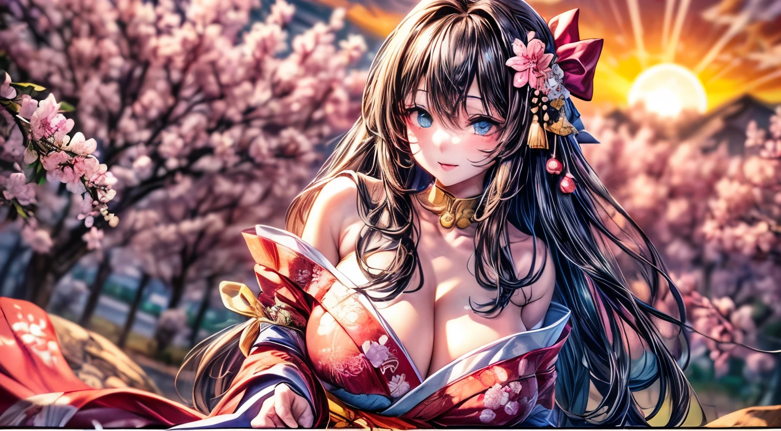 ((worst quality, low quality)), ((Close-up)), (with a girl:1.2), (big breasts), (black haired, shortcut:1.3), (dynamic pose:1.2),plump and glossy lips, beautiful clear eyes, (best smile), spoken heart, (perfect hands:1.2), (red and pink theme:1.4), (Japanese courtesan with a girl:1.3), (Comes with maxi length red kimono [pink] heart:1.4), (Highly detailed and colorful embroidery and fancy patterns:1.3), (off shoulder:1.4), (ability:1.2), (flashy hair ornament:1.3), ((super huge ribbon:1.2) in front of your waist:1.3), low angle shot, (The dazzling setting sun, Sunset sky:1.4), (cherry tree background:1.2), (Cherry blossoms in the four corners like a frame:1.2), highest quality,super detailed, masterpiece,
