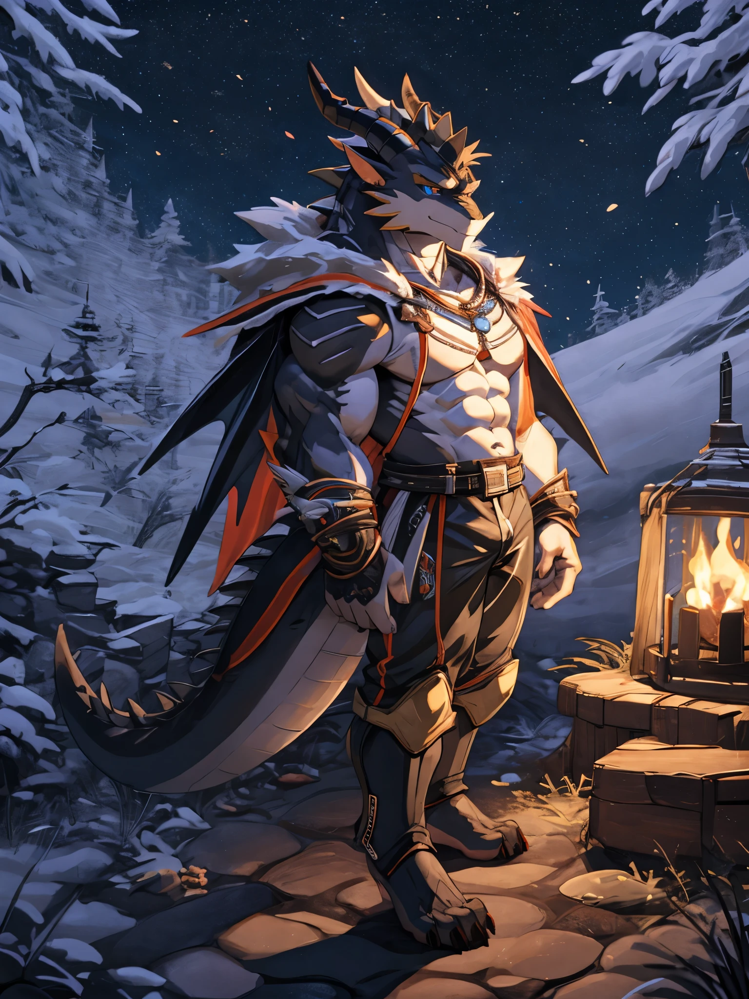 masterpiece, Anthropomorphic black dragon, white belly,There is a pair of beautiful dragon horns, black dragon scales,1 tail, very muscular body, nice, only shorts, forest landscape
