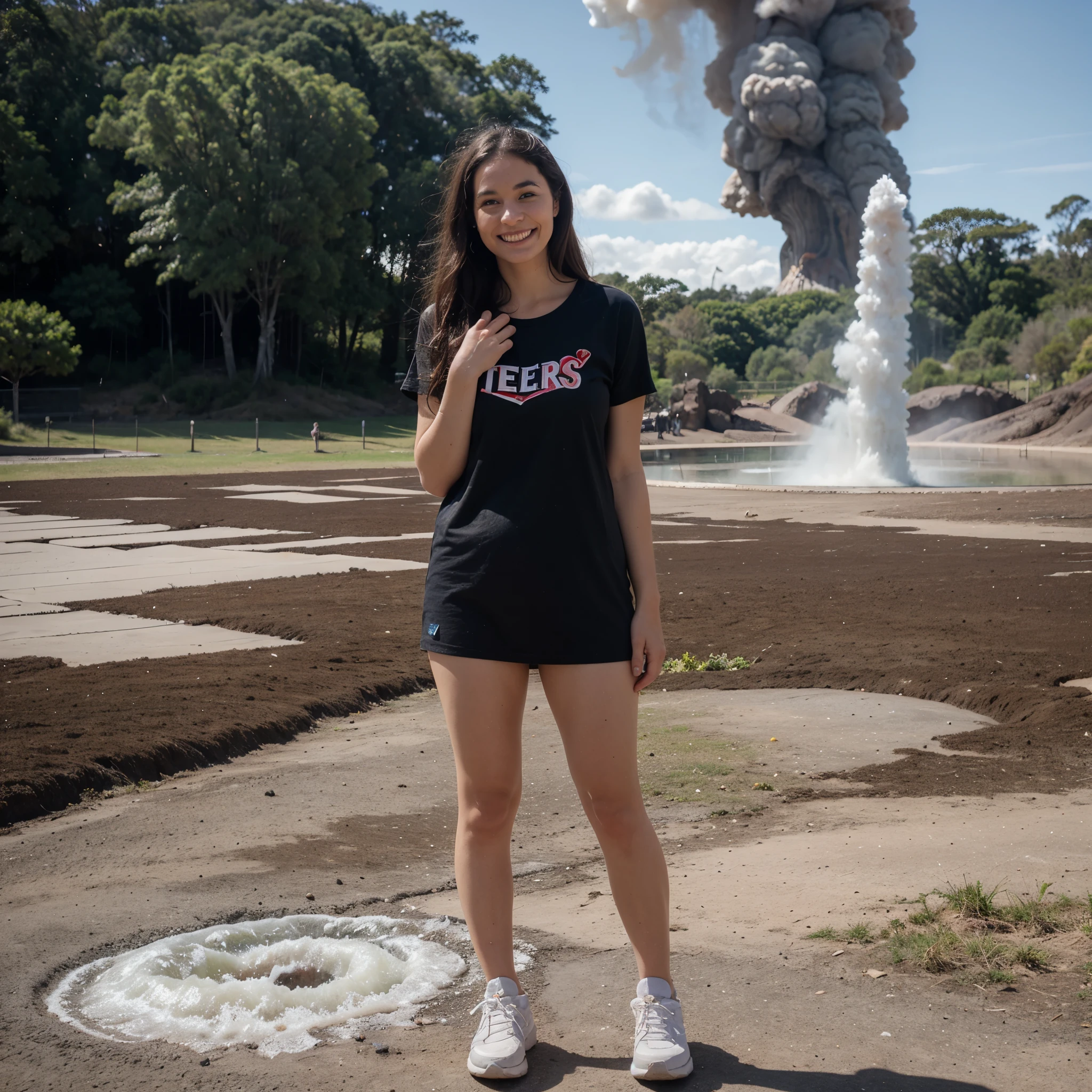 The Female Adult stands in awe in front of the erupting geysers of Whakarewarewa - Te Puia. She's dressed in comfortable clothes and sneakers, a wide smile on her face as she captures the moment on camera.