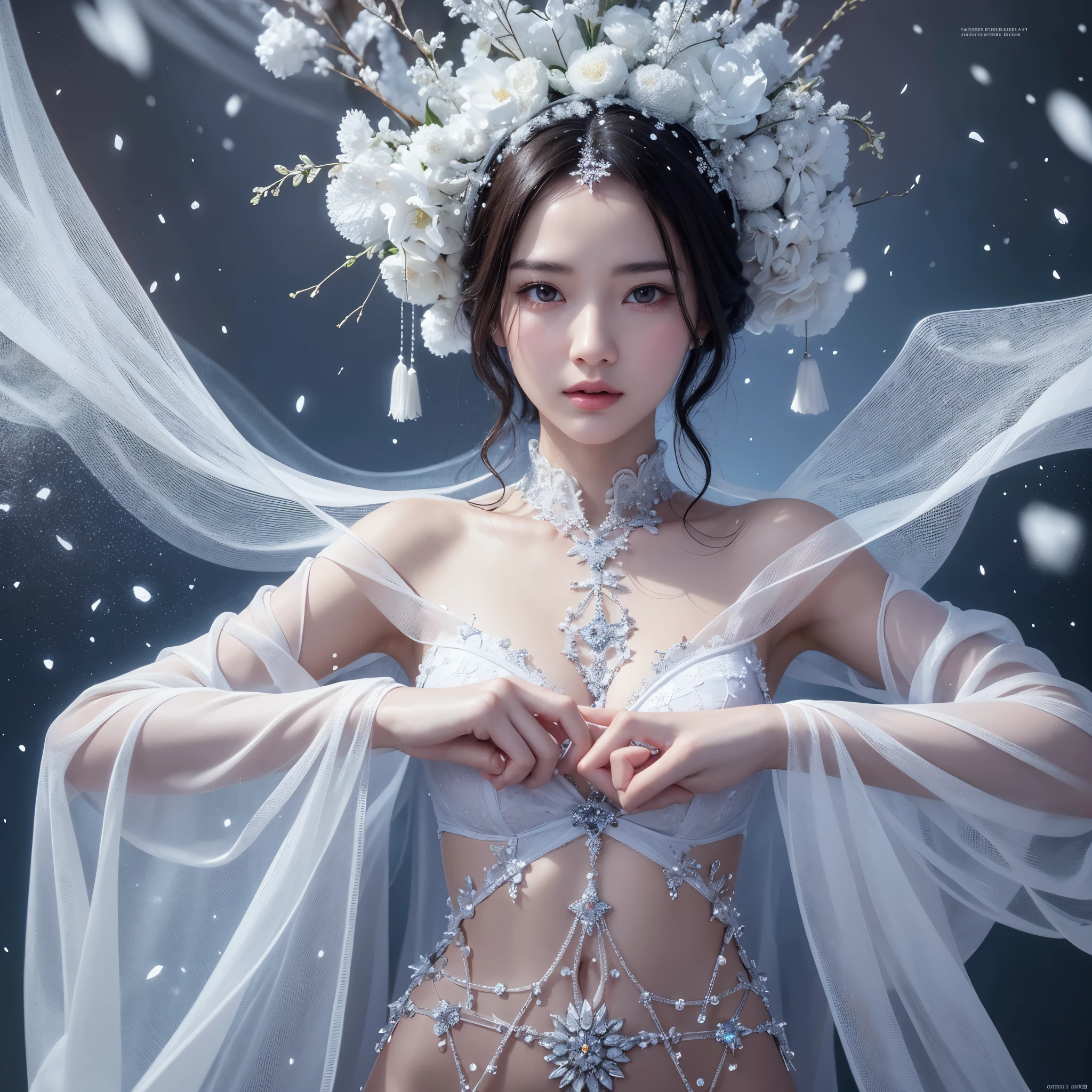 (RAW photo:1.2), (realistic), beautiful detailed girl, highly detailed eyes and face, thin and beautiful eyes, huge file size, High resolution, very detailed, highest quality, [table top:1.6], shape, very detailed, small details, highest quality, 8k wallpaper, movie lighting, 15歳のSnow Goddess, Spread your arms and release a blizzard, A scene of falling crystal snow, crystal snow field, the front of the crystal dress is open, white bra,  wearing white panties,  Because I&#39;m slender, young face, small breasts, Exposed white underwear, Snow Goddess, crystal snow scene, mysterious sight