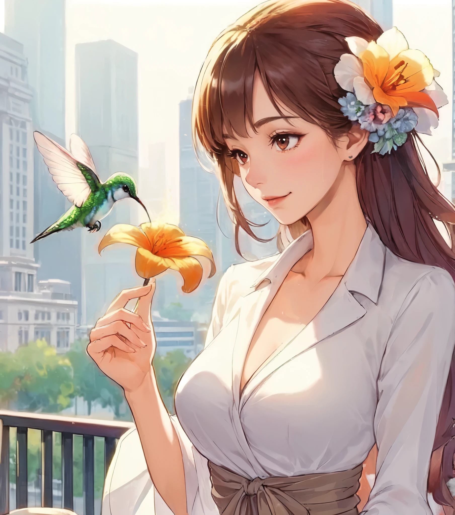 1lady solo, sitting at terrace seat, (gazing at hummingbird:1.2), (peplum) stylish outfit, mature female, /(reddish brown hair/) bangs, kind smile, (masterpiece best quality:1.2) (delicate illustration:1.1) ultra-detailed, large breasts BREAK ((hummingbird flying:1.2) nearby flower), (realistic hummingbird:1.1) BREAK (holding orange lily flower) BREAK (fashionable cafe terrace) outdoors, main street, noon, detailed background