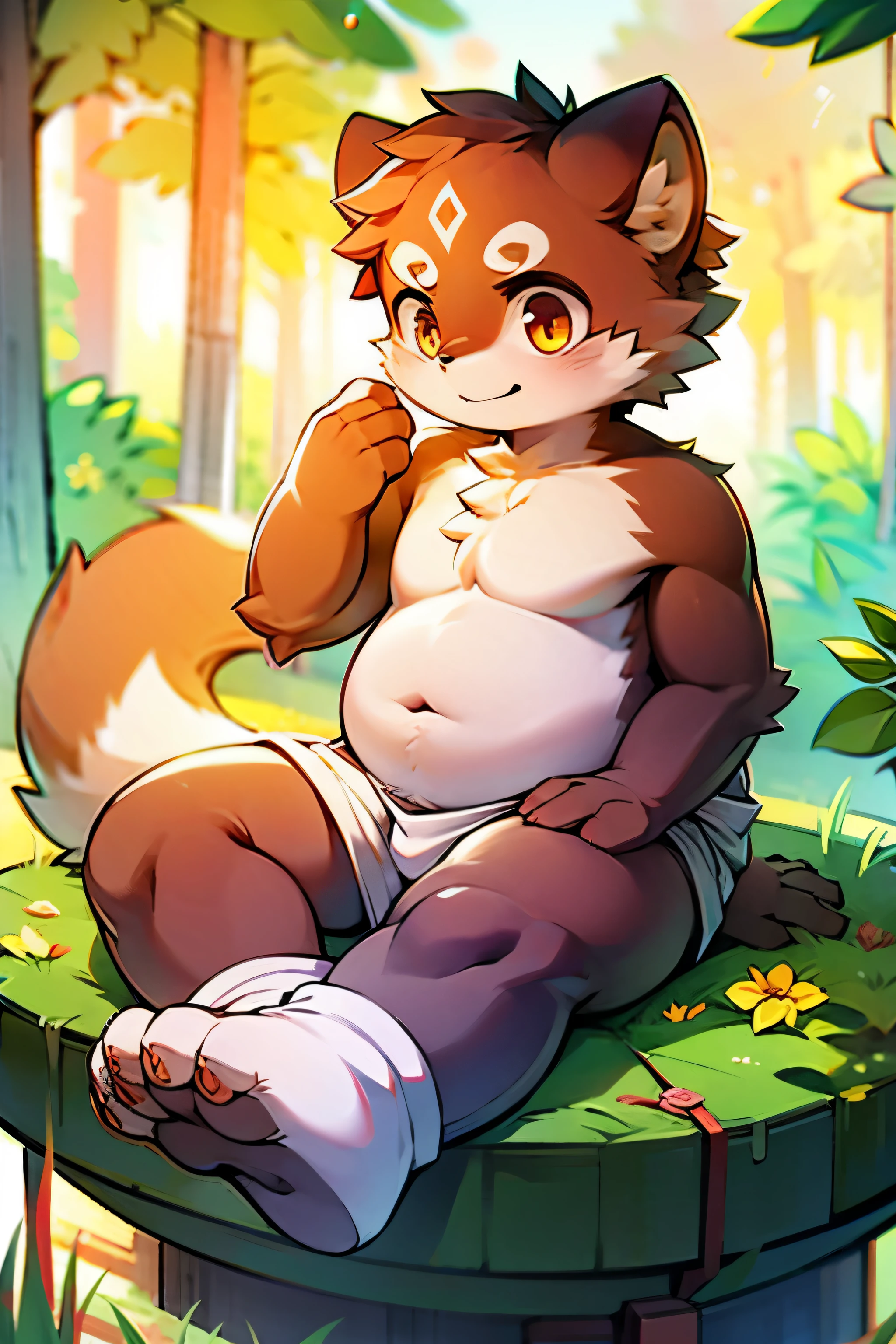 (masterpiece, best quality:1.2), 1 boy, young,hairy,alone，Wearing only white socks on both feet，Slightly fat，sitting，topless，black and white skin，Red panda orc，round ears，Characteristics of red panda，red panda pattern，all ages，forest background