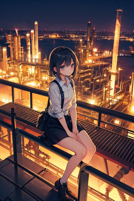 A girl sits atop the tower of petrochemical plant, at night,
