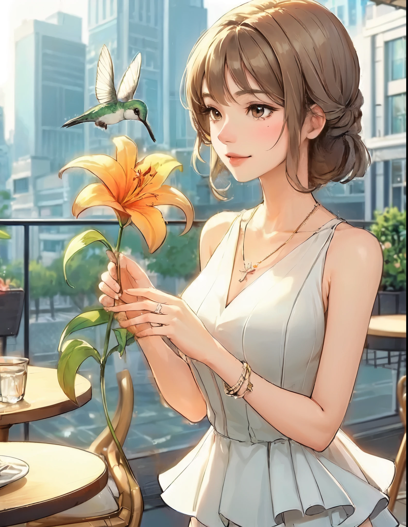 1lady solo, sitting at terrace seat, (gazing at hummingbird:1.2), (peplum) stylish outfit, mature female, /(light brown hair/) bangs, kind smile, (masterpiece best quality:1.2) (delicate illustration:1.1) ultra-detailed, large breasts BREAK ((hummingbird flying:1.2) nearby flower), (realistic hummingbird:1.1) BREAK (holding orange lily flower) BREAK (fashionable cafe terrace) outdoors, main street, noon, detailed background