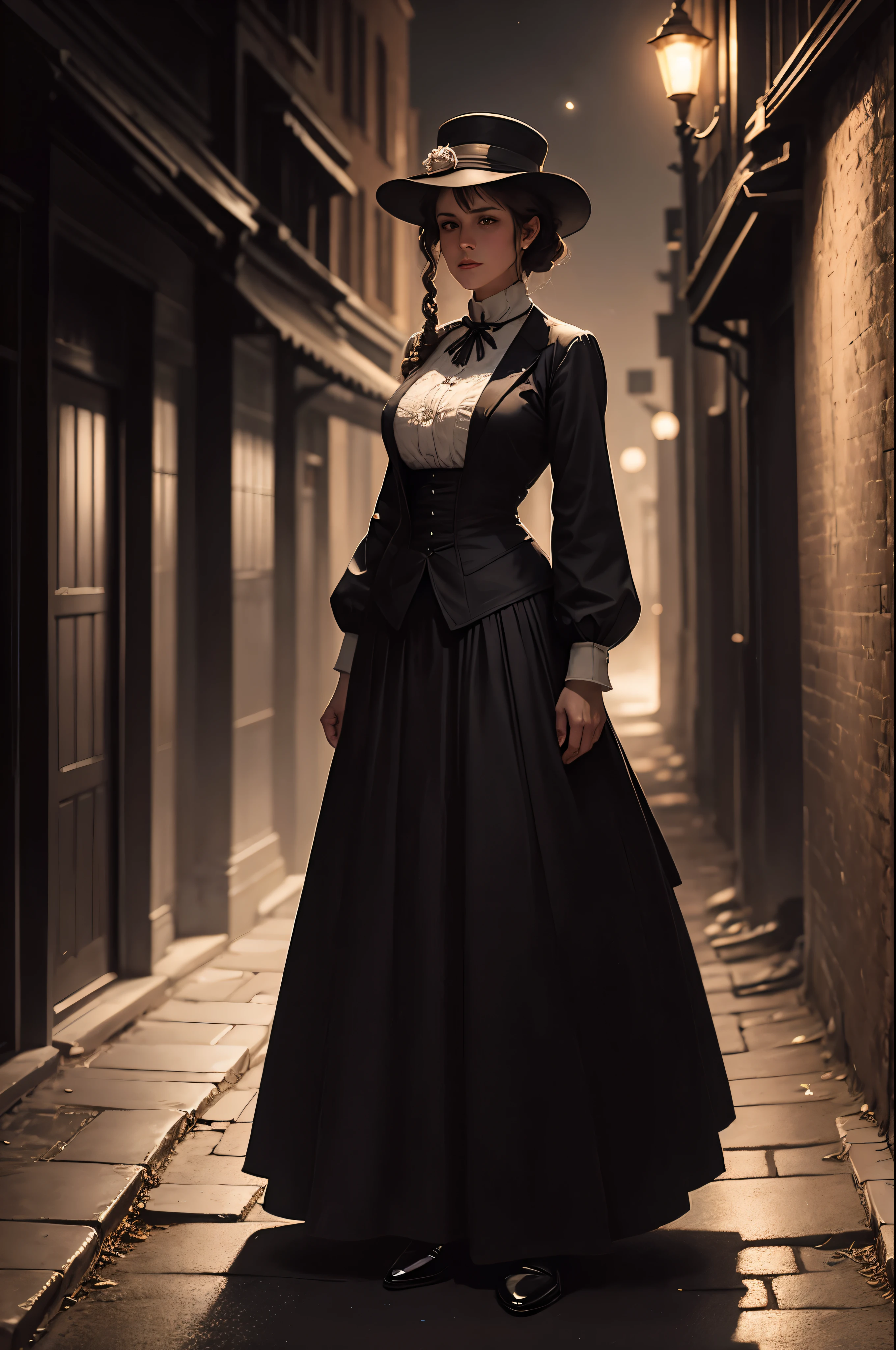 a conservative full body pose of a 1910 woman wearing a small hat and business attire and a long skirt , standing in a dark alleyway with gas lighting, a full moon in the background, beautiful character painting,