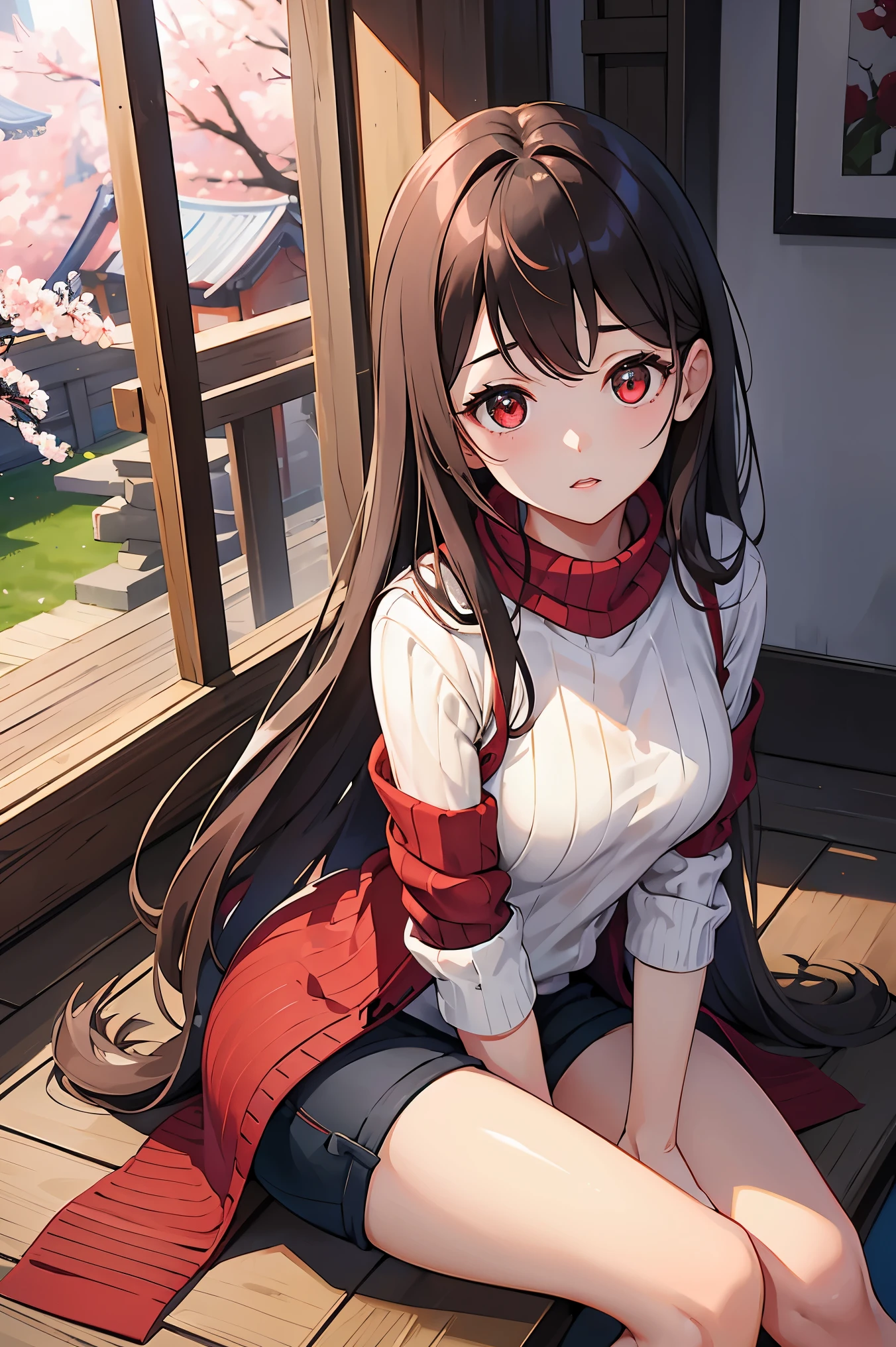 1 female、whole body、bottom angle、brown hair、long hair、well-groomed face、dense lips、red eyes、Blue knitwear、valley、slim、black shorts、cherry blossoms、cherry blossoms吹雪、petal、countryside street、old buildingasterpiece、ultra high resolution、delicate、perfect lighting、sunlight、16K