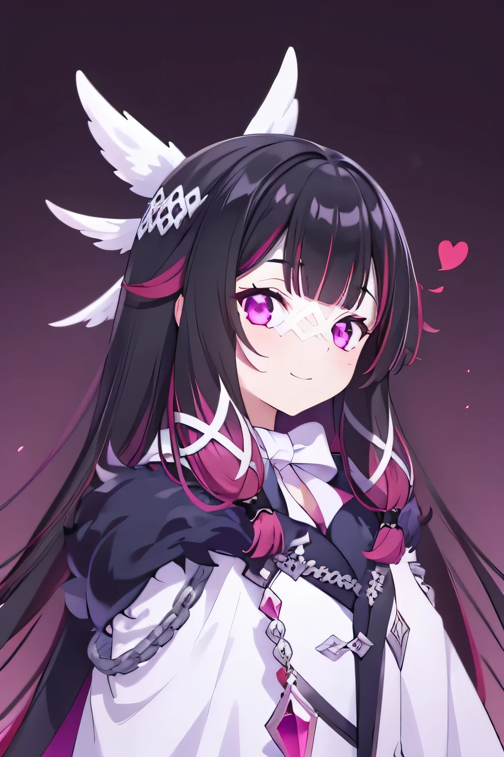 1girl, long hair, black hair, red hair, solo, open eyes, purple eyes, head wings, hair ornament, blunt bangs, pink background, smile,  upper body, look at viewer