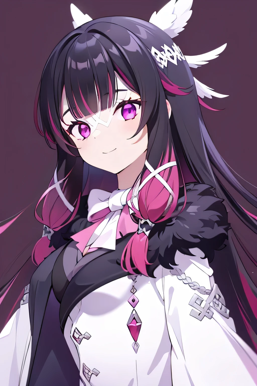 1girl, long hair, black hair, red hair, solo, open eyes, purple eyes, head wings, hair ornament, blunt bangs, pink background, smile,  upper body, look at viewer