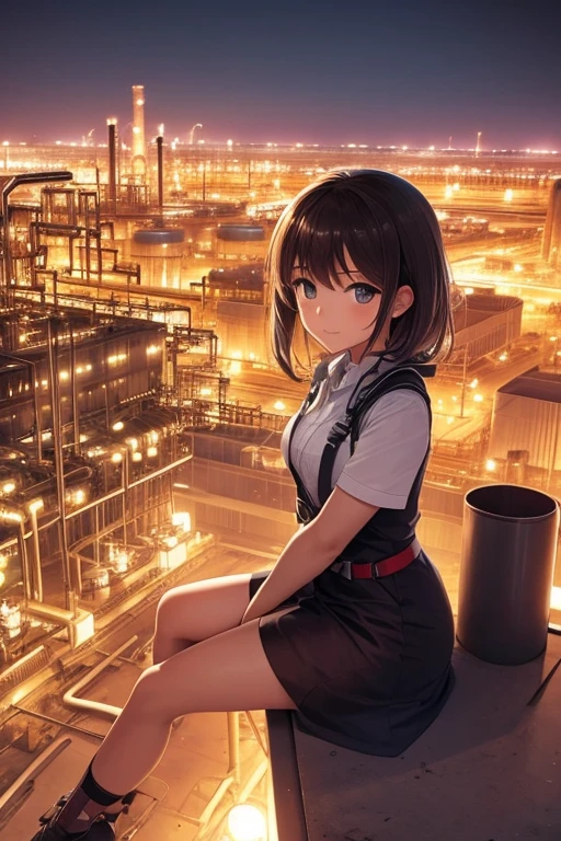 A girl sits atop the tower of petrochemical plant, at night,
