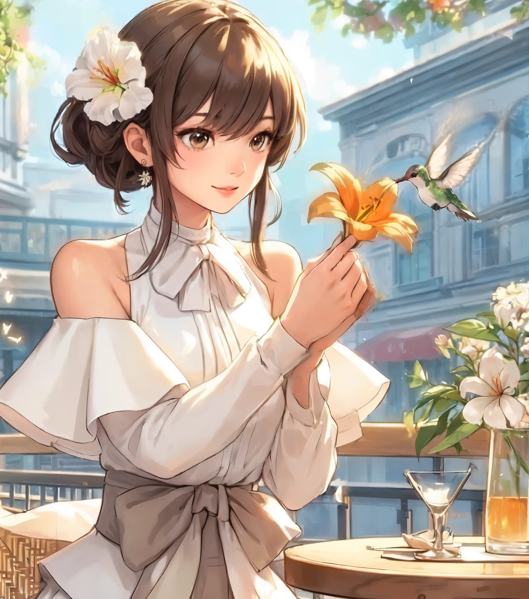 1lady solo, sitting at terrace seat, (gazing at hummingbird:1.2), (peplum) stylish outfit, mature female, /(light brown hair/) bangs, kind smile, (masterpiece best quality:1.2) (delicate illustration:1.1) ultra-detailed, large breasts BREAK ((hummingbird flying:1.2) nearby flower), (realistic hummingbird:1.1) BREAK (holding orange lily flower) BREAK (fashionable cafe terrace) outdoors, main street, noon, detailed background