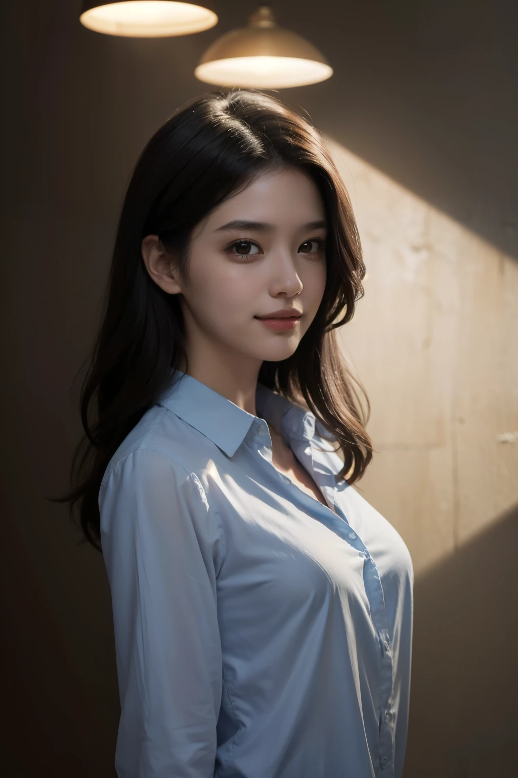 highest quality, masterpiece, (realistic:1.4), 1 girl, light smile, collared shirt, Upper body, dramatic lighting, from below