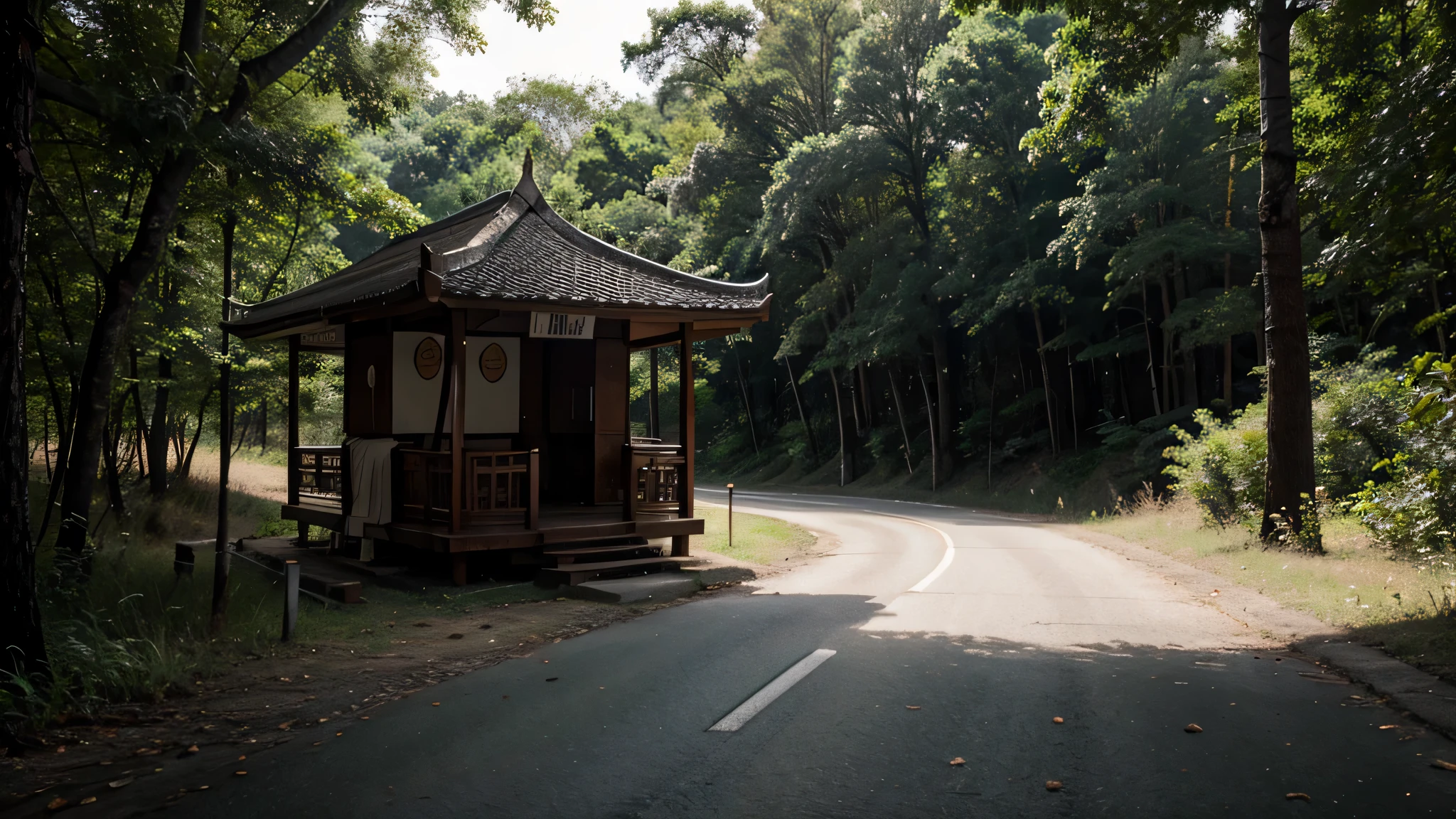 ศาลาroadsideสไตล์ไทย,roadside,Thai style pavilion,there are forests on both sides of the road.,The atmosphere looked gloomy..,Lonely Road,Realistic picture,there is no person.,there was a motorcycle passing by.,,haunt,there&#39;Ghost in the picture.,