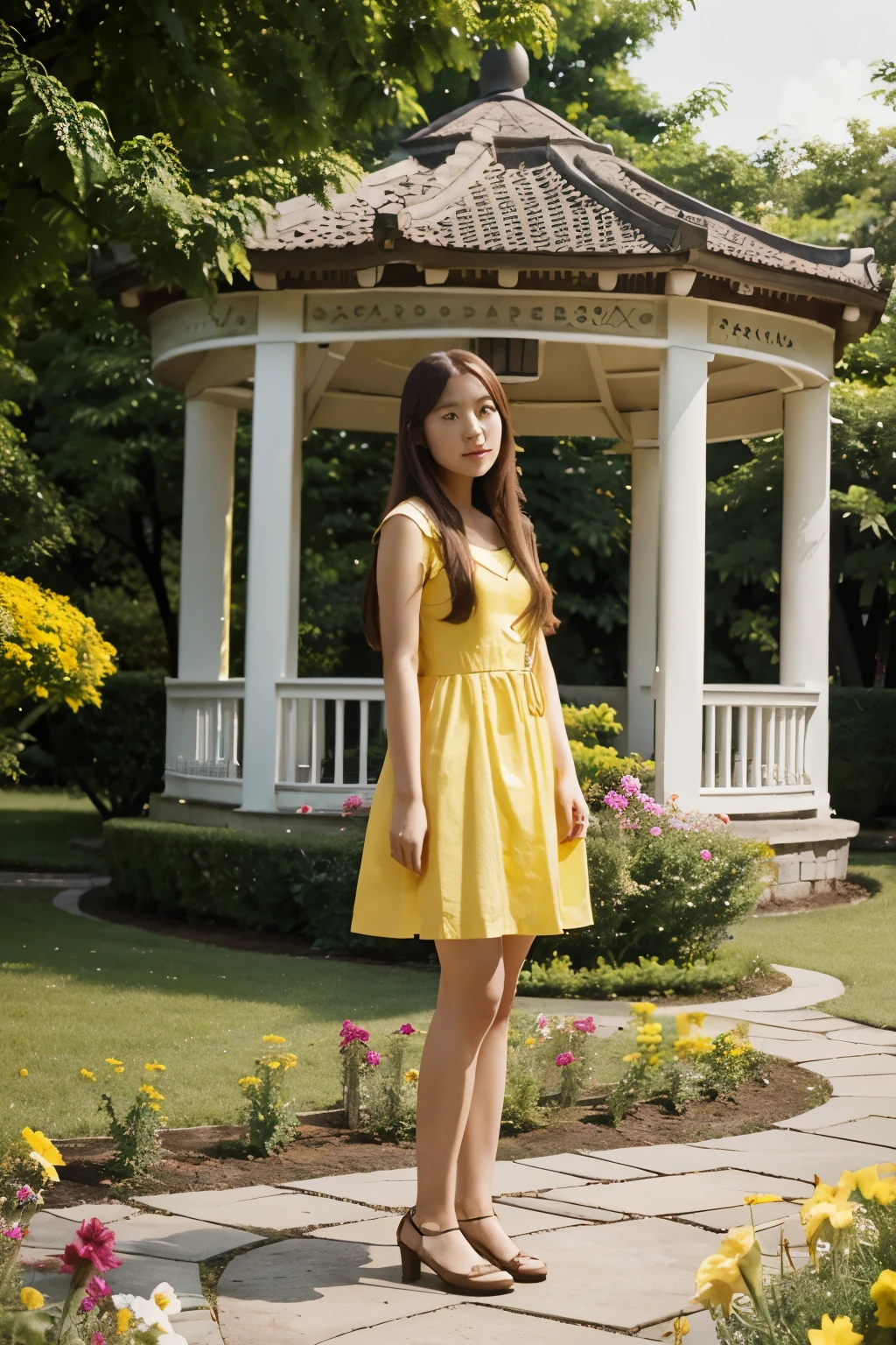 a long straight haired half korean half german lady, wearing a yellow Sunday dress, standing on a beautiful garden, near a a gazebo, looking at flowers in the garden