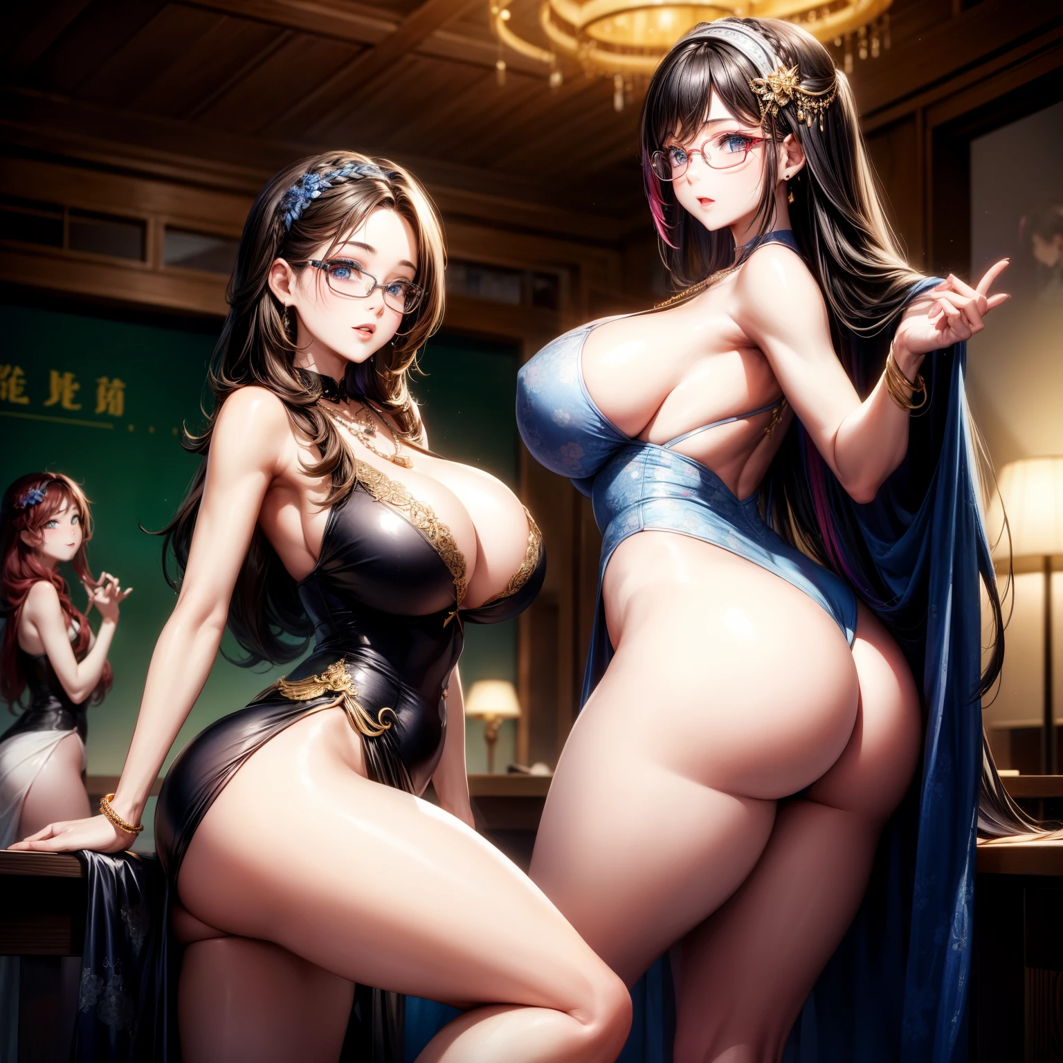(8k ,Super detailed,Best masterpiece,nature,perfect work of art,perfect female figure),two women,sister and younger sister, sisters,rainbow hair,perfect face,(huge ),neighbor wife,woman hairstyle,elegant wife,Sophisticated and revealing ,20 years old,White skin,messy hair,perfect sexy body,Tone,flirtatious,very big ,Willow Yao,Big butt very detailed,young beautiful teacher,teacher,wear glasses,in the night club,在 with many sexy and exposed women,Hot dance,Detail background,necklace,perfect eyes,,T-shaped small size,huge big
