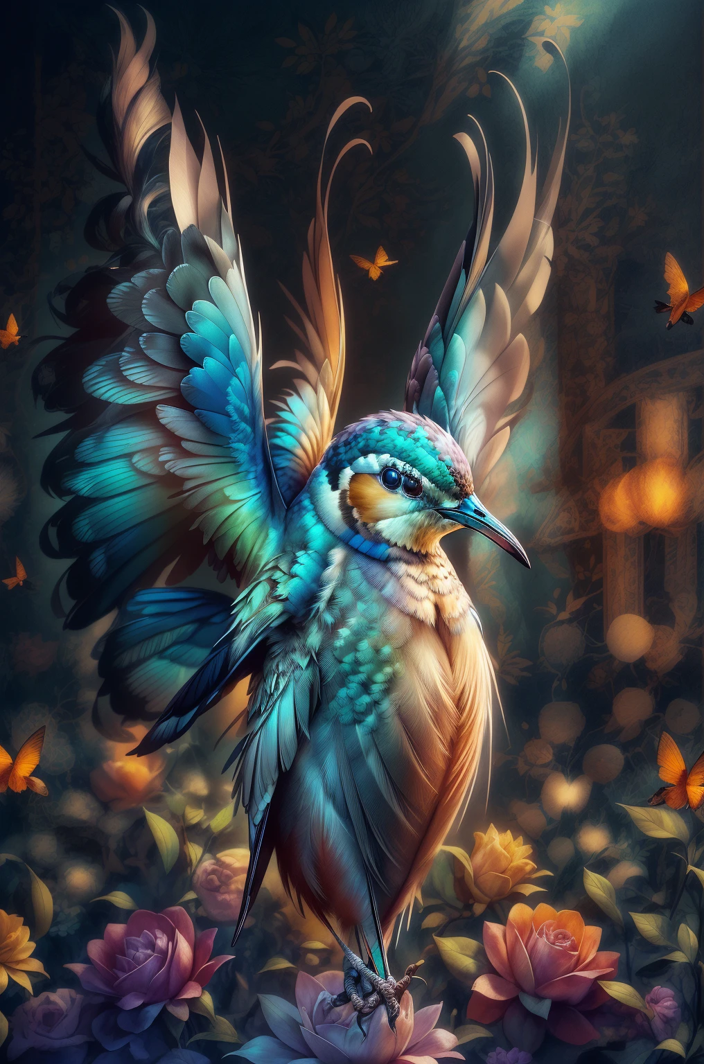 there is a hummingbird that is standing on a rose bed, beautiful digital artwork, very detailed 4k digital art, beautiful digital art, very beautiful digital art, beautiful magnificent digital art, detailed 4k digital art, stunning digital illustration, beautiful digital painting, Stunning 8k artwork, colorful digital fantasy art, gorgeous digital art, cute detailed digital art