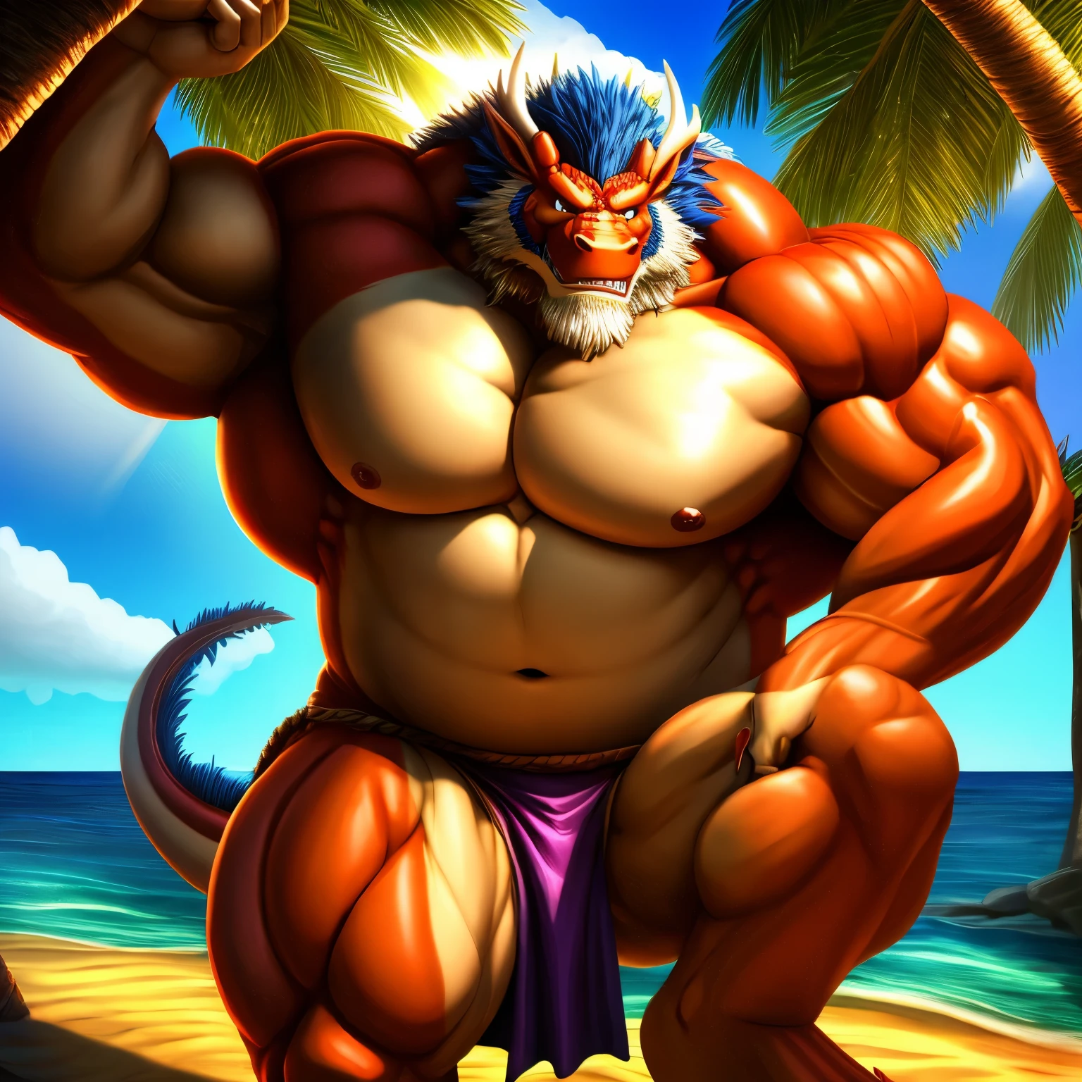  kaido,  eastern dragon king, male dragon, eastern dragon, very big muscles, hulking,  extremely strong, big abdominal muscles, hefty musclegut, pecs, muscular dad body,  Strong and robust musclegut , strong abs, sharp  claws, dragon feet claw, full body, loincloth, one piece, HDR,  nipples, sunlight, daylight, outdoor, bright , sunshine, at noon, fighting pose, good weather,  on sea beach