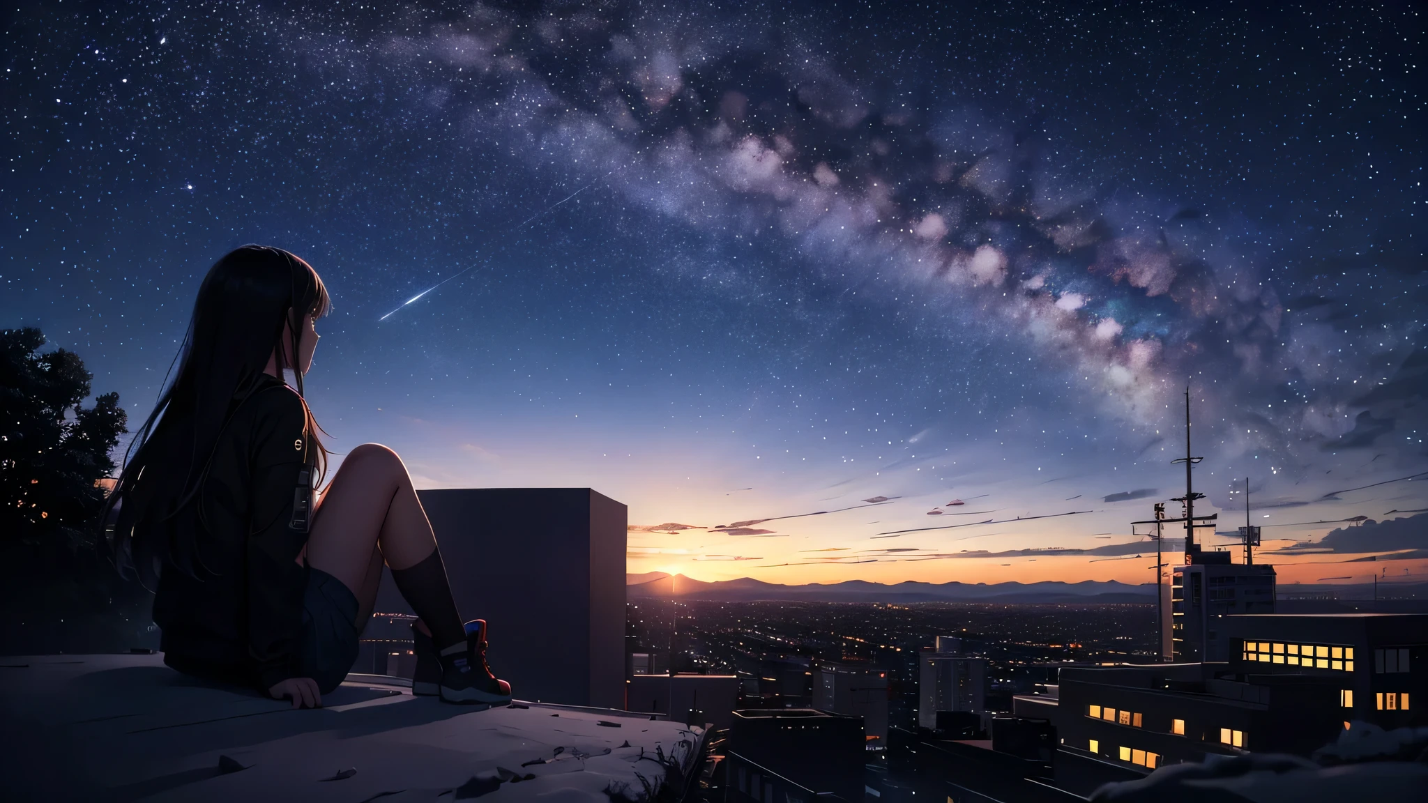 A woman sitting on a ledge looking at the night sky - SeaArt AI