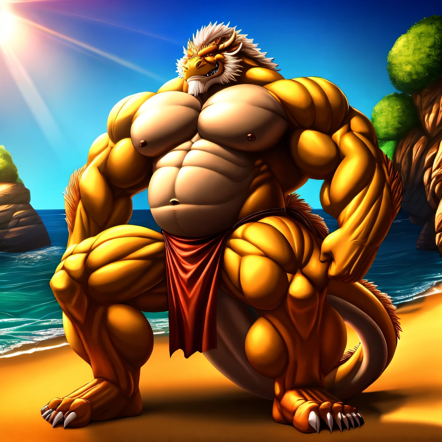  kaido,  eastern dragon king, male dragon, eastern dragon, very big muscles, hulking,  extremely strong, big abdominal muscles, hefty musclegut, pecs, muscular dad body,  Strong and robust musclegut , strong abs, sharp  claws, dragon feet claw, full body, loincloth, one piece, HDR,  nipples, sunlight, daylight, outdoor, bright , sunshine, at noon, fighting pose, good weather,  on sea beach