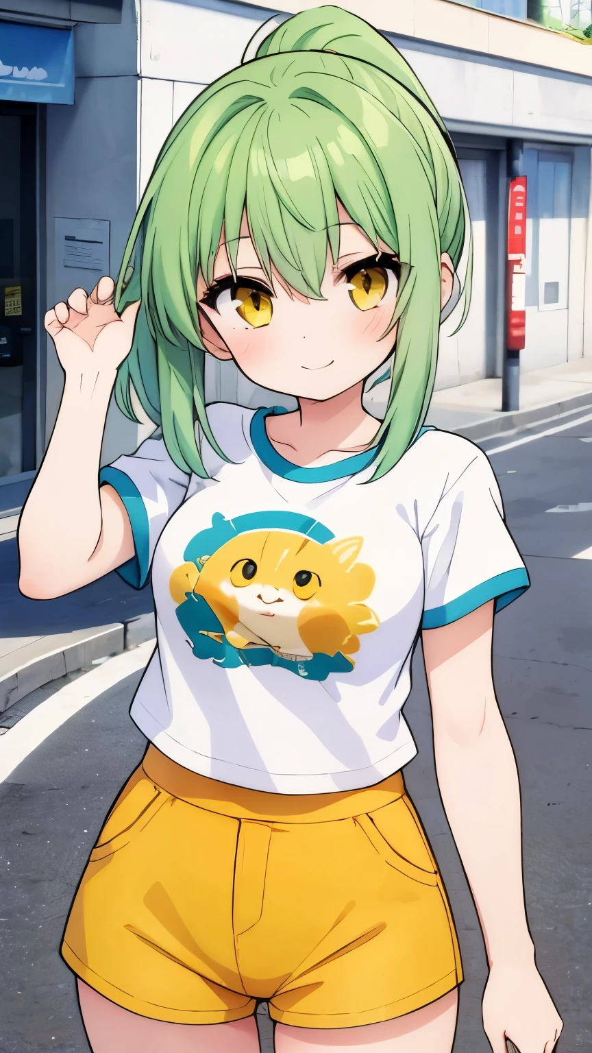 Girl, ponytail short hair, green hair, yellow eyes, cute girl, t-shirt, hotpants, hot girl, smile 