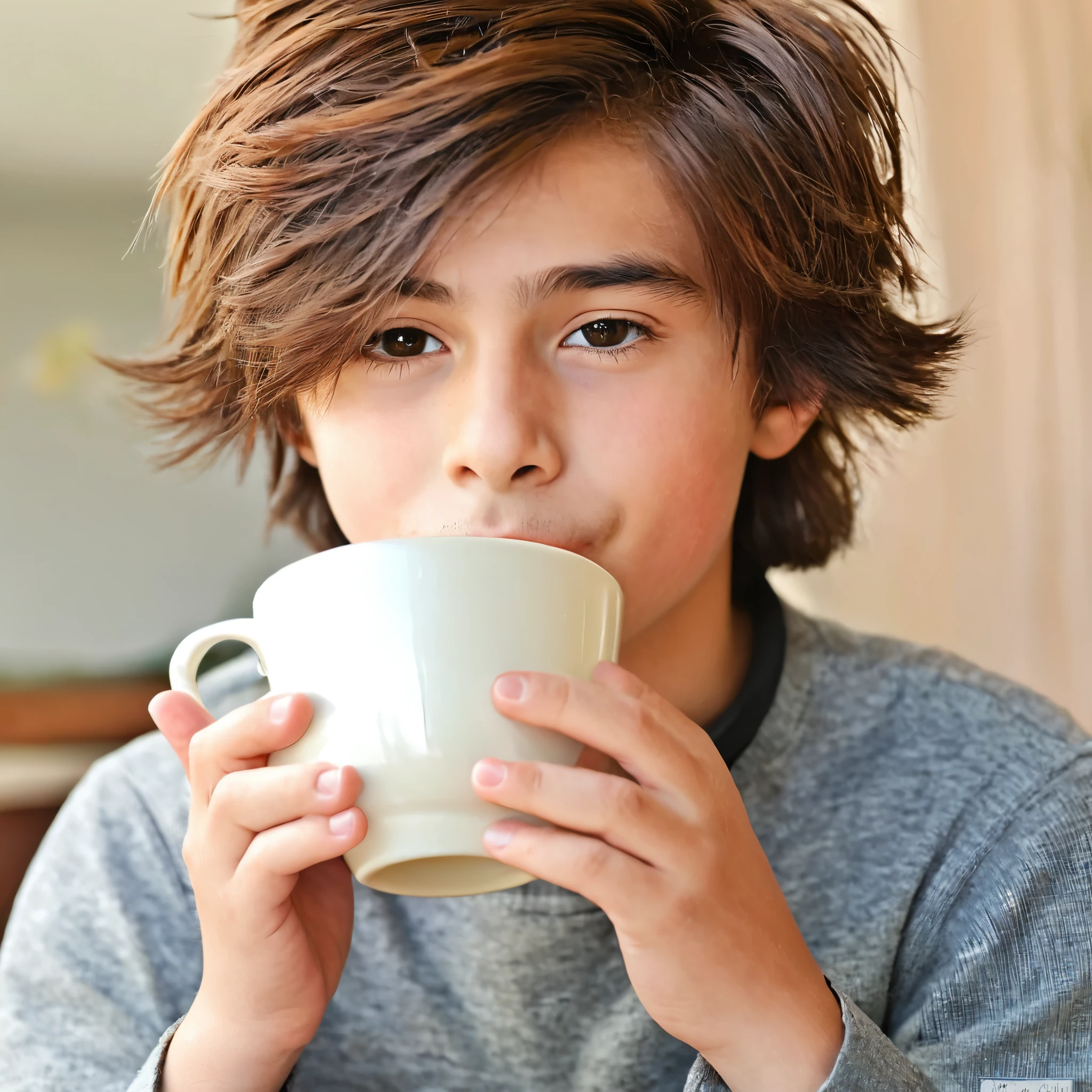 A boy with good hair who is drinking tea