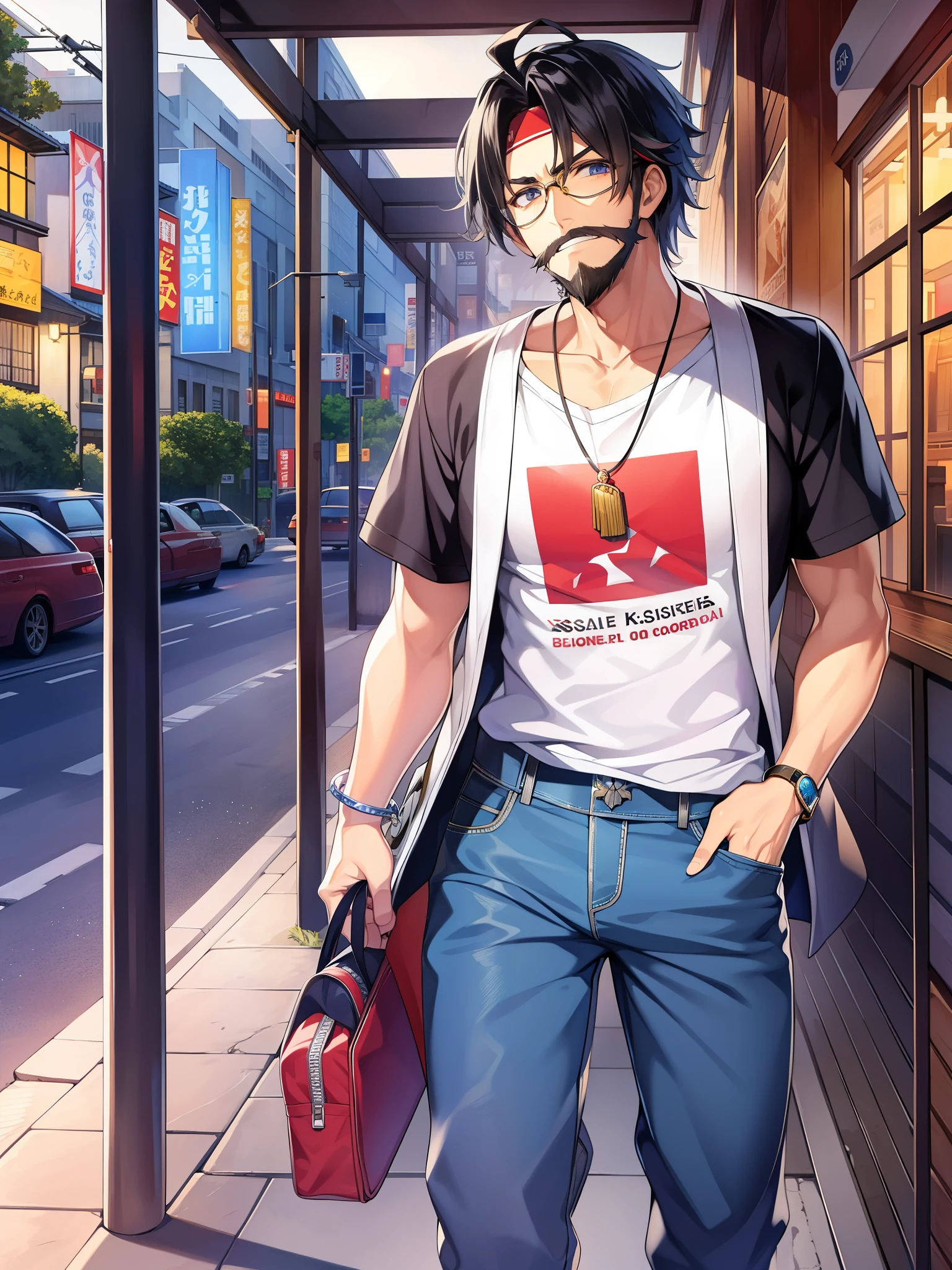 Fate/Grand/Order、Japan Akihabara、(((casual clothes)))+++、(((Glasses)))+++、(((red headband)))+++、(((necklace)))+++、(((Ruck sack)))+++、black beard、edward teach、black hair、black beard、black cloak、red pants、golden necklace、middle-aged otaku、creepy otaku、V-shaped eyebrows、White T-shirt、printed shirt、jeans、outdoor、street