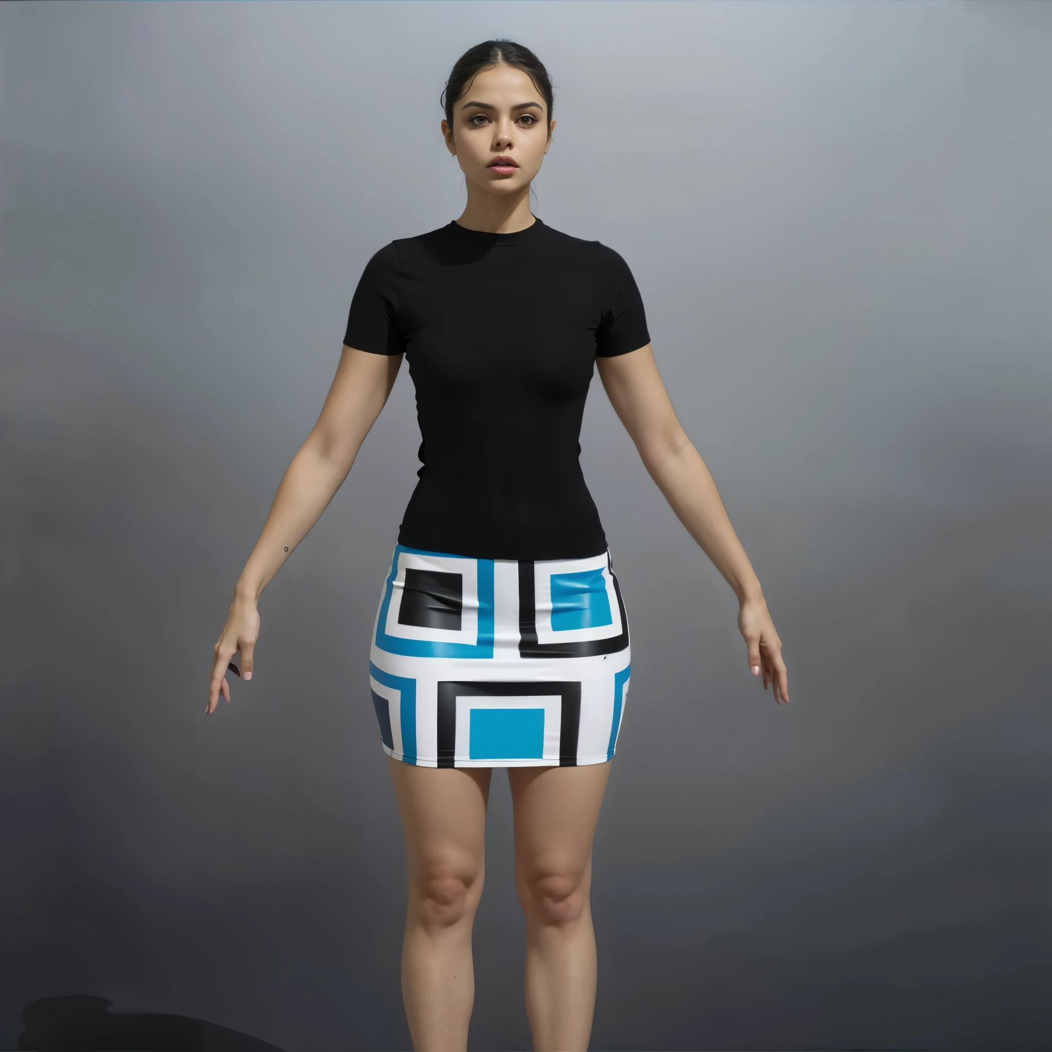 beautiful Latina girl Odeya Becky G, big round breasts, slim waist, big hips, beautiful soft thighs, beautiful legs, wearing cotton-Lycra black t-shirt and tight miniskirt with abstract blue-black-white square theme, Vibrant, vivid, shadows, lumen, HDR, 8k, ((detailed: 1.4)), ((hyper realistic)), Extremely Realistic, Realism, Portrait, Raw photo, Photography, Photorealism, Photoshoot, Instagram vibes,