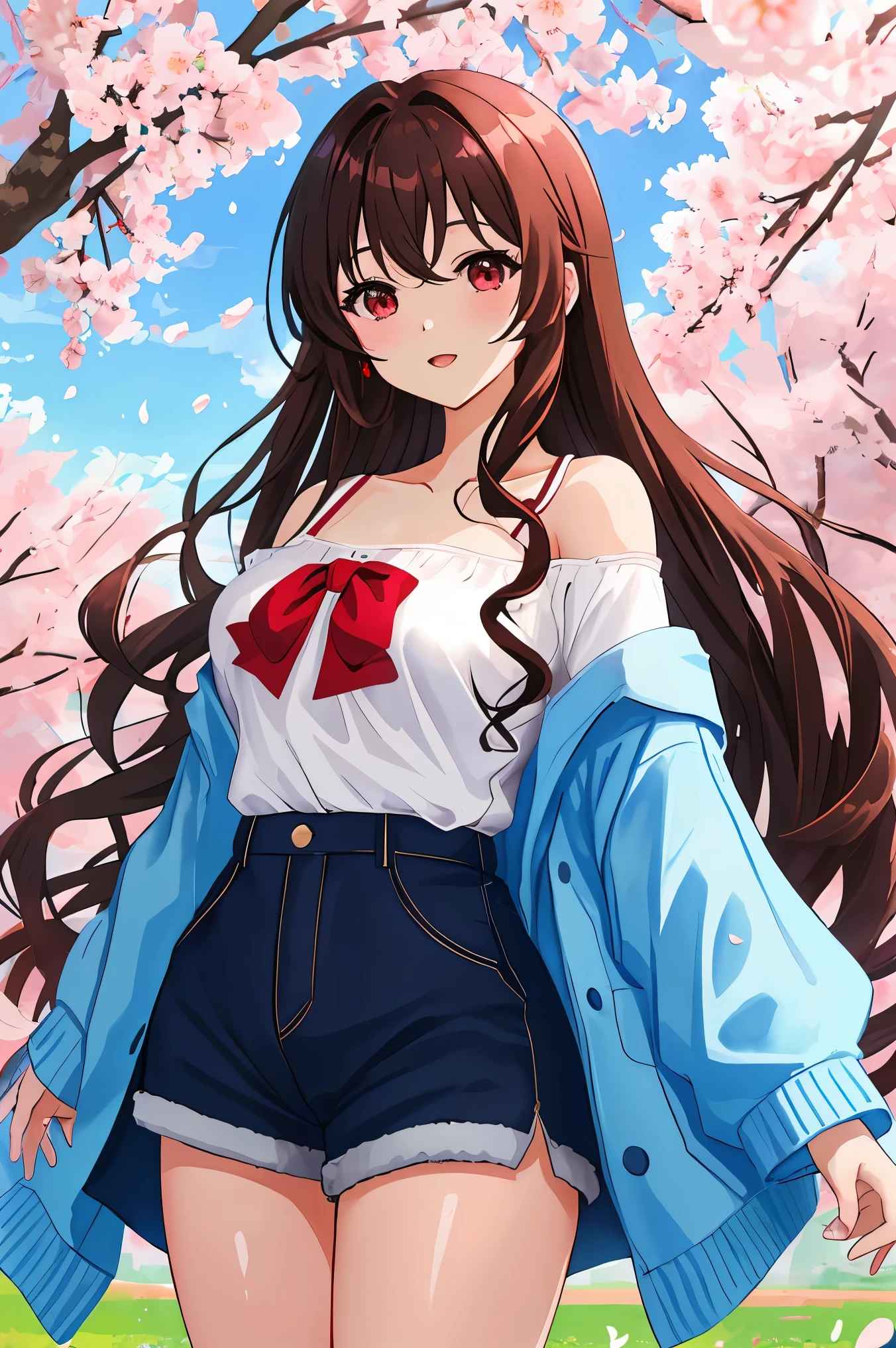 anime、1 female、bottom angle、whole body、long brown hair、curly hair、red eyes、thick lips、well-groomed face、blue cardigan、white t-shirt、off shoulder、black shorts、beautiful breasts、cherry blossoms、cherry blossoms吹雪、countryside street、Paddy field、sunlight、masterpiece、ultra high resolution、delicate、16k、perfect lighting
