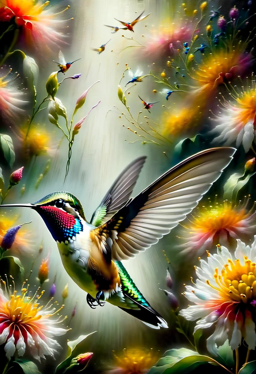 A painterly portrait of a hummingbird in mid-flight, rendered in the style of Rembrandt but with a modern twist.

Subject:

A single hummingbird, in sharp focus, facing the viewer.
The hummingbird's wings are spread wide, capturing the intricate details of its feathers.
The hummingbird's long, slender beak is extended as if it is about to drink from a flower.
Style:

Utilize Rembrandt's signature technique of chiaroscuro, using dramatic contrasts of light and shadow to create a sense of depth and volume.
Render the hummingbird in a realistic manner, capturing the delicate beauty of its features.
Incorporate elements of modern art, such as bold colors and abstract shapes, to create a unique and visually striking image.
Additional details:

The hummingbird is surrounded by a field of flowers, rendered in a painterly style.
The background is dark and shadowy, creating a sense of mystery and intrigue.
The overall tone of the image is one of beauty, fragility, and movement.
Prompt:

Rembrandt-style portrait of a hummingbird in mid-flight, surrounded by a field of flowers. Render in a painterly style with dramatic chiaroscuro, incorporating elements of modern art such as bold colors and abstract shapes.

Additional keywords:

Painterly
Chiaroscuro
Realistic
Modern
Abstract
Vibrant
Delicate
Fragile
Dynamic