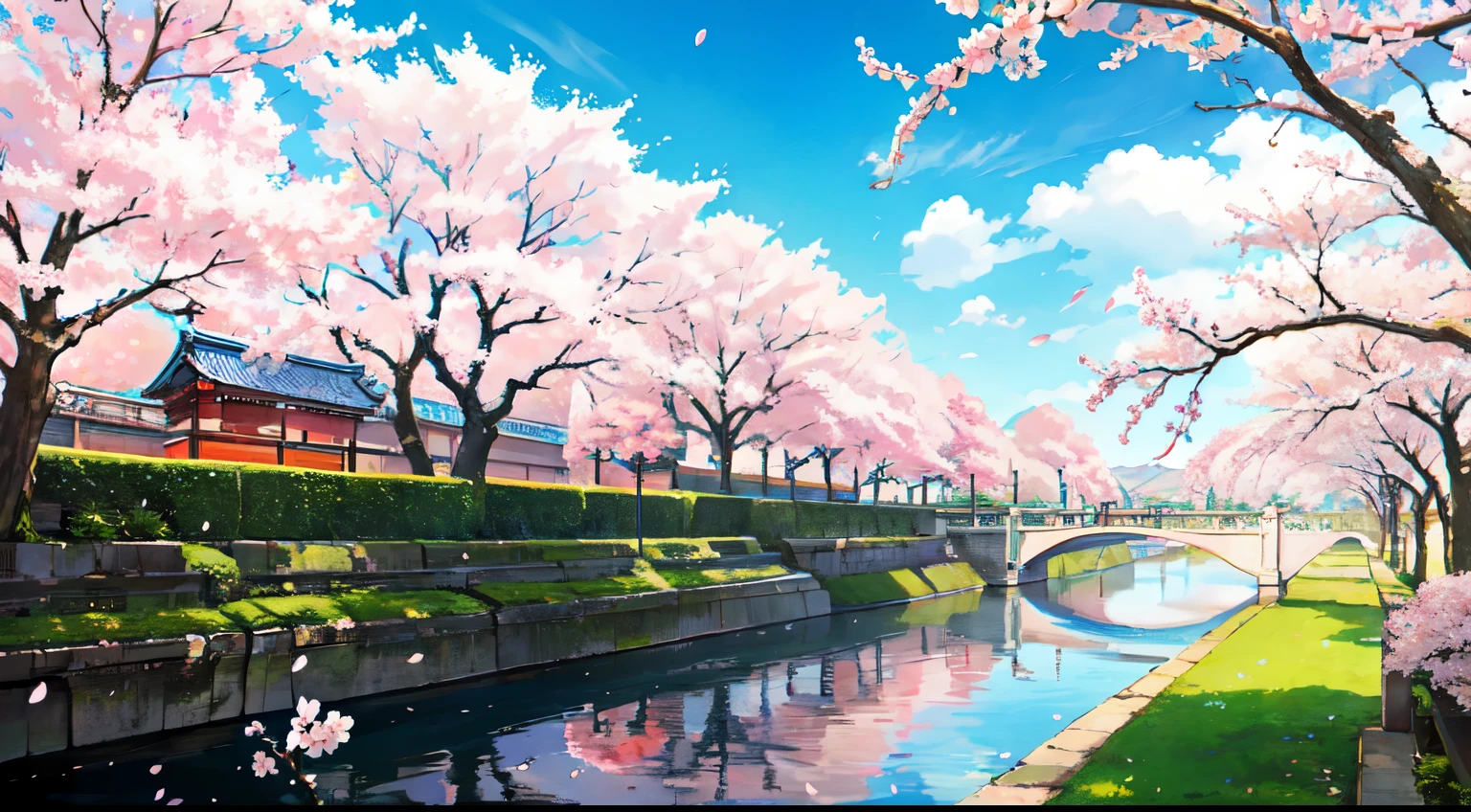 A masterpiece of high quality, landscape, cherry blossoms, bright blue sky. Japanese cityscape, リアルなlandscape