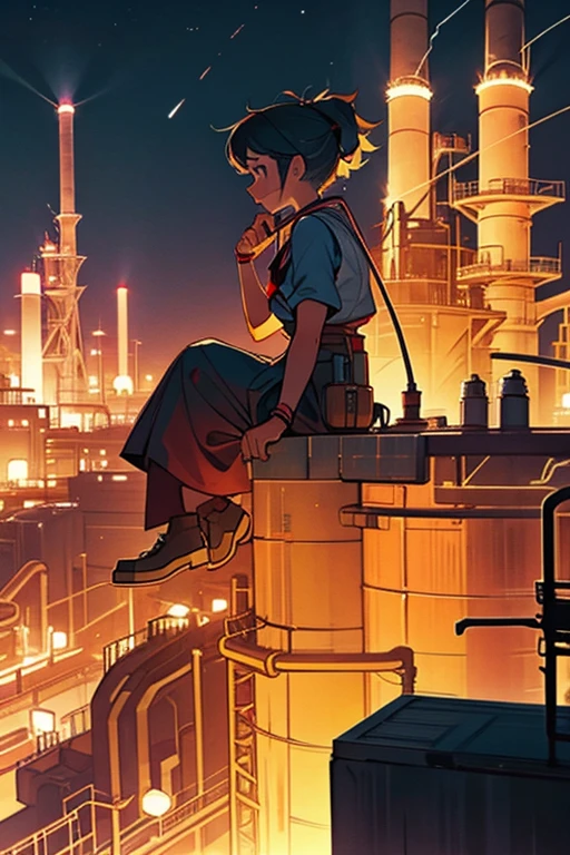 A girl sits atop the tower of petrochemical plant, at night,
