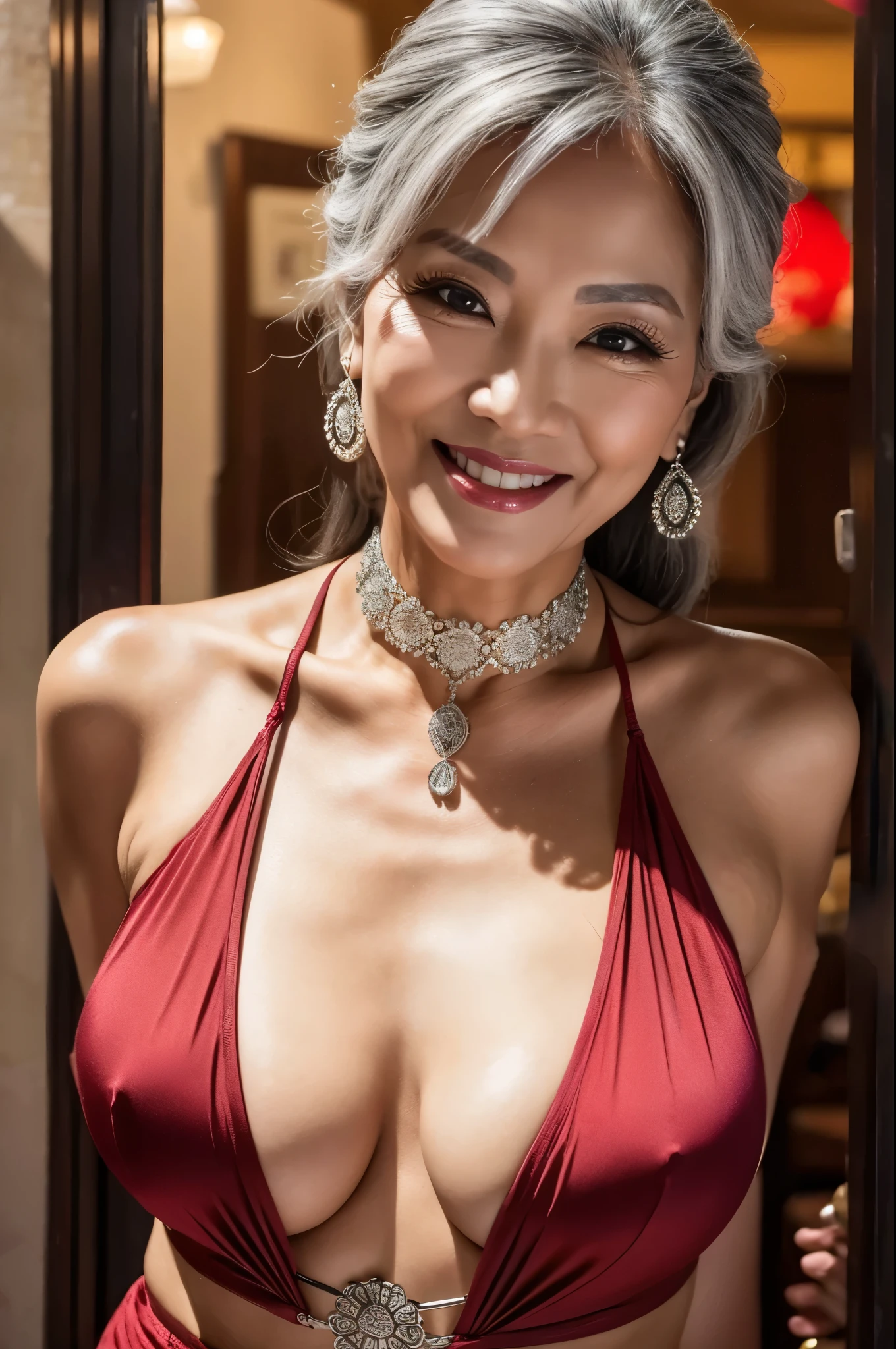 75 years old　Mom　MILF　Korean, Lady　large earring　Big choker　navel piercing decoration　A bracelet　Silver Hair　realisitic　Gorgeous Madame Beautiful Mature Woman　sexy　Smile　Gentle woman navel piercing　４K　High quality nsfw　Gorgeous Madame Beautiful Mature Woman