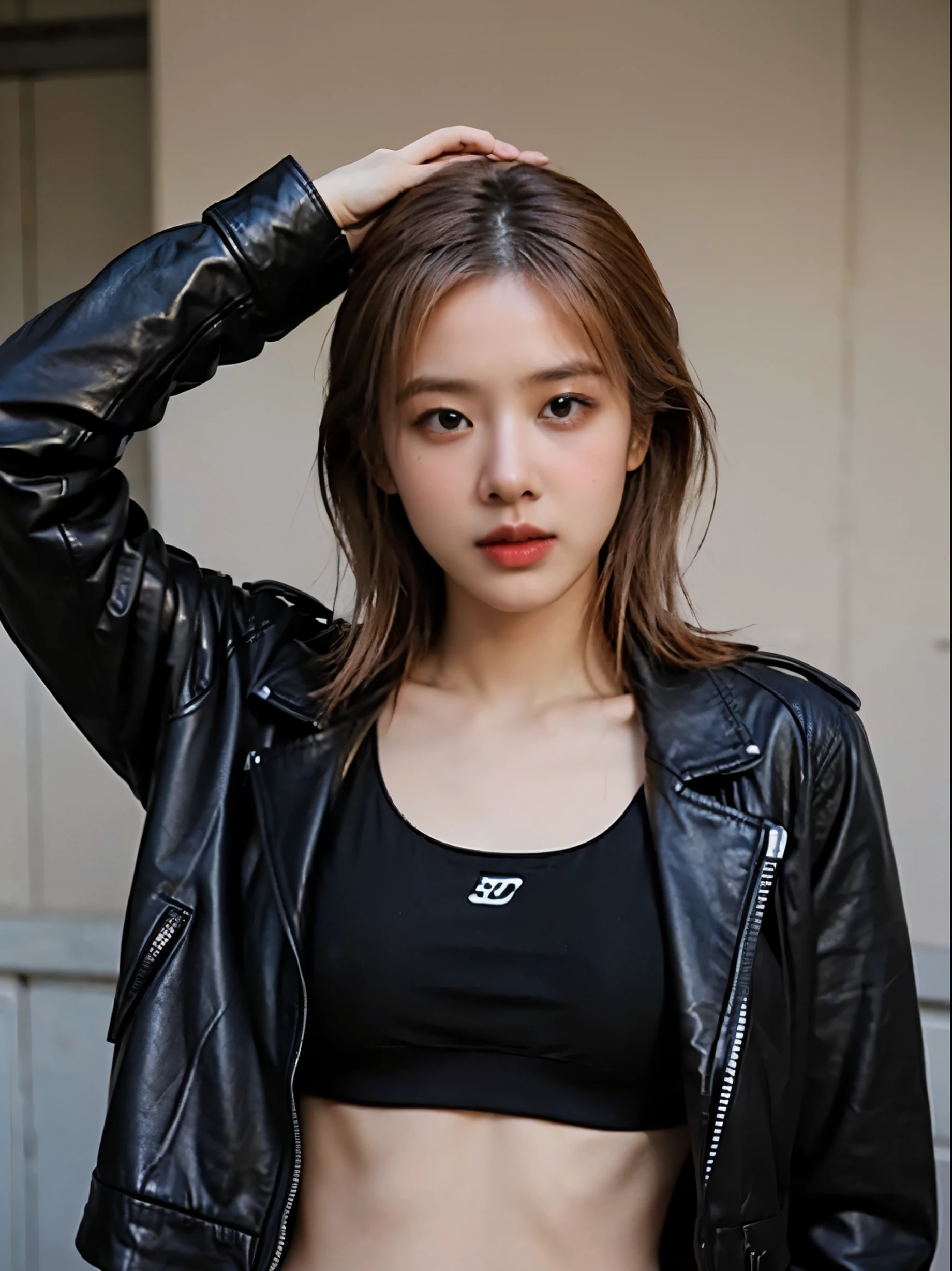 (8k、RAW Photos、top-quality、​masterpiece:1.2)、(realistic Photo-realsitic:1.37)、1girl in、japanese, 18-years old, (flipping her jacket to show armpit:1.5), face lights, Detailed face、Detailed lips, (wearing a black faux leather jacket over sports bra:1.5), (partially-exposed right armpit:1.2), slight trace of nipples behind bra, 