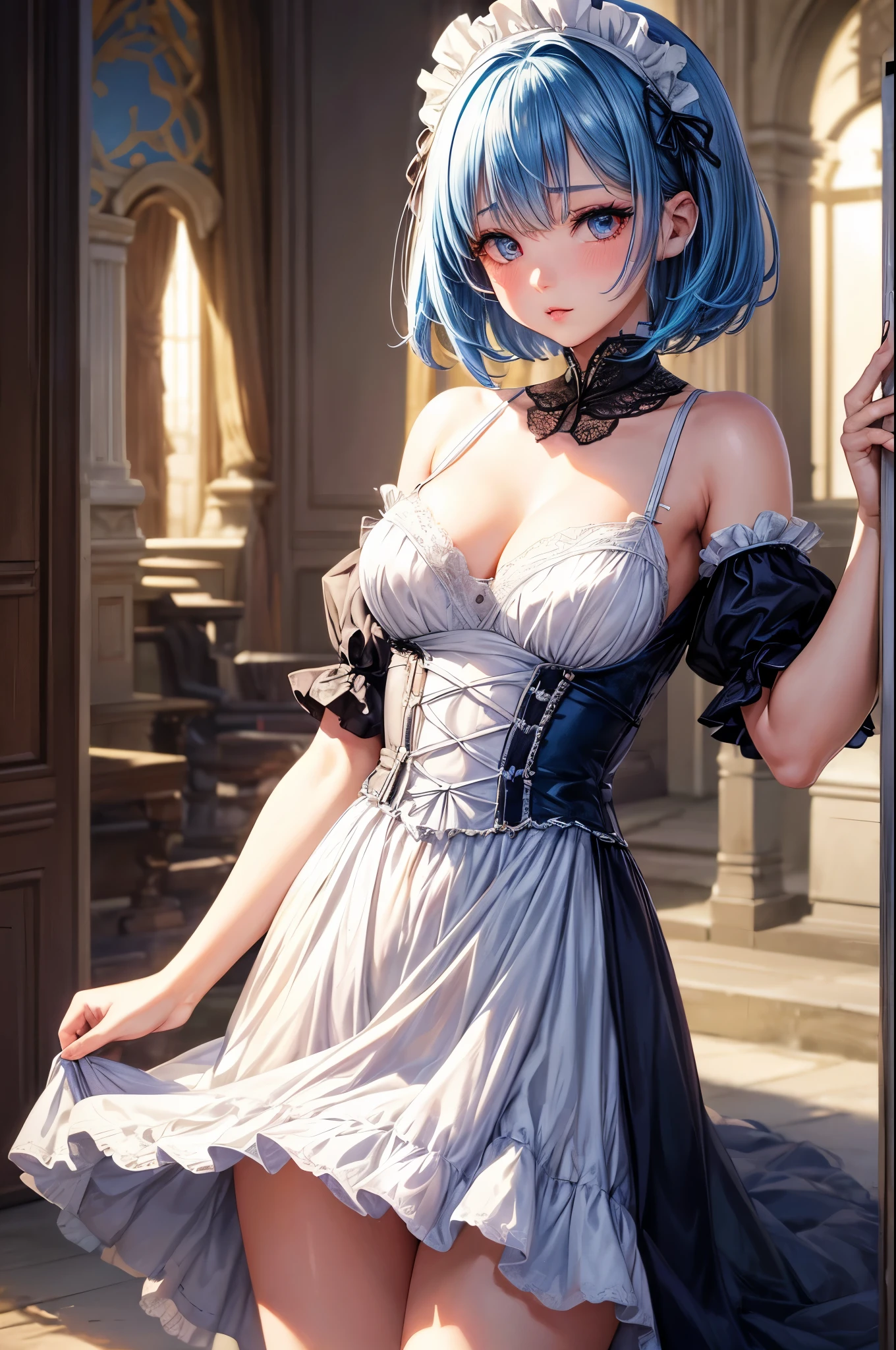 (highest quality, High resolution:1.2), (girl standing and looking at me),Maid clothes、ta costume、 detailed and beautiful eyes, blue hair、short hair、rezero rem、Rem dense and beautiful lips, highly detailed eyes and face, long eyelashes, Moderate:oil, Bright colors, HDR, studio lighting, Ultra-fine painting, sharp focus, Physically based rendering, extreme details, portrait, curved body, Moderate胸, perfect shape, Face-to-face audience, sweaty, nice, Half-body photo, displayed in full frame, lace sexy underwear,babydoll、exposed bare shoulders, outside, ancient city