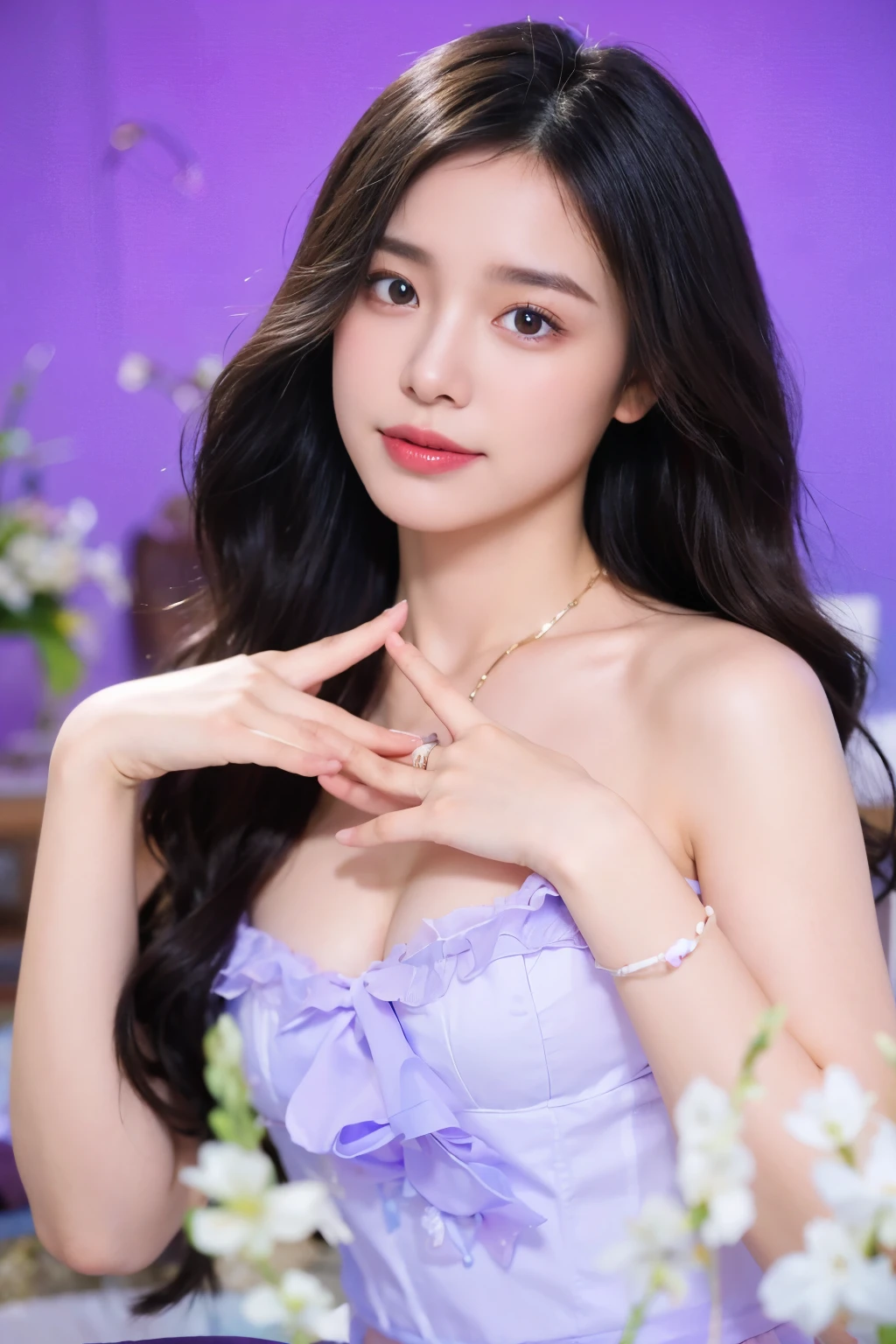 masterpiece, best quality, highres, long hair, tiara, hair ornament, hair flower, earrings, necklace, bare shoulders, cleavage, small breasts, purple dress, strap dress, purple gloves, sitting, cowboy shot, stage, holding microphone,