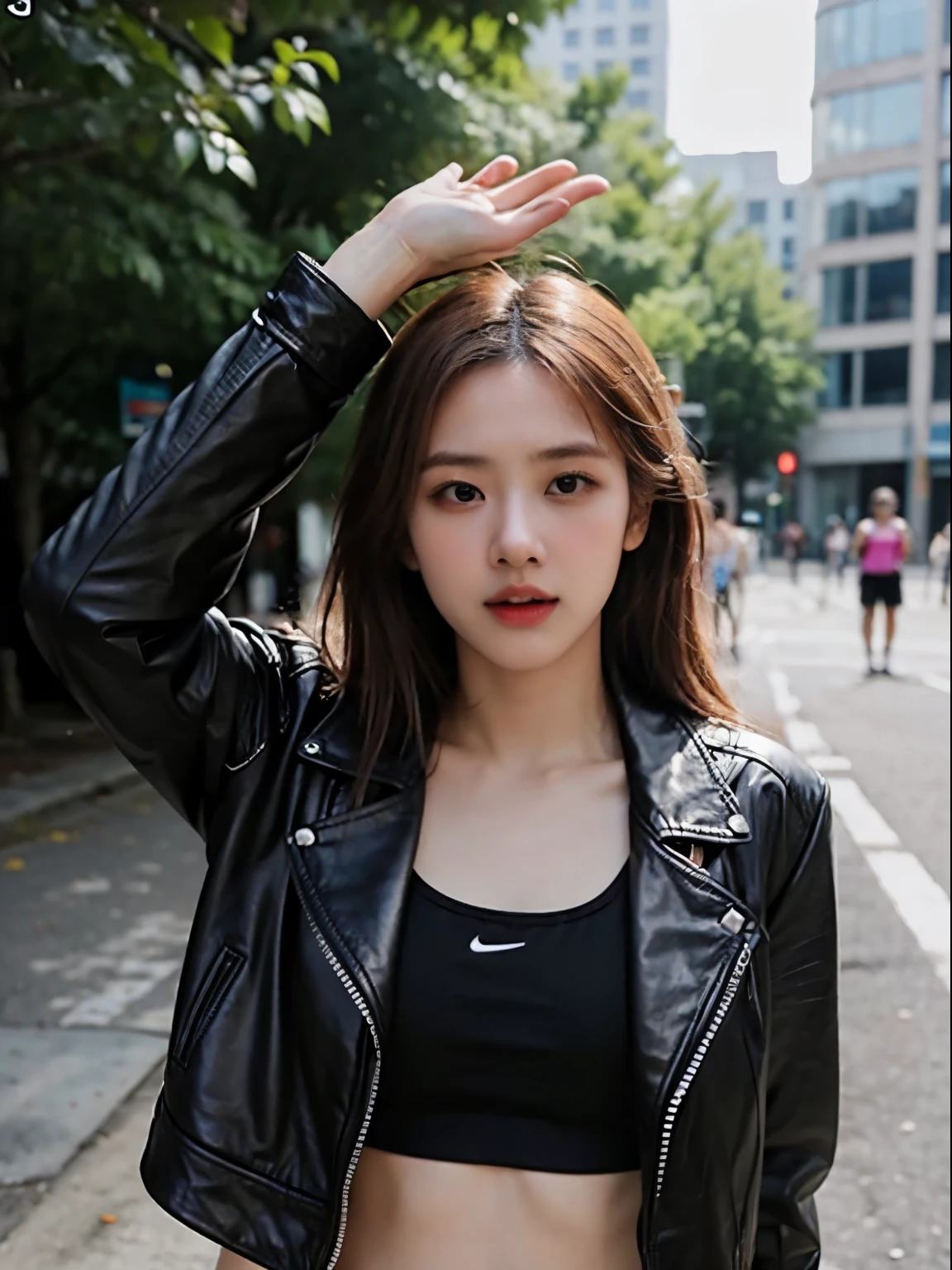 (8k、RAW Photos、top-quality、​masterpiece:1.2)、(realistic Photo-realsitic:1.37)、1girl in、japanese, 18-years old, (flipping her jacket to show armpit:1.5), face lights, Detailed face、Detailed lips, (wearing a black faux leather jacket over sports bra:1.5), (partially-exposed right armpit:1.2), slight trace of nipples behind bra, 