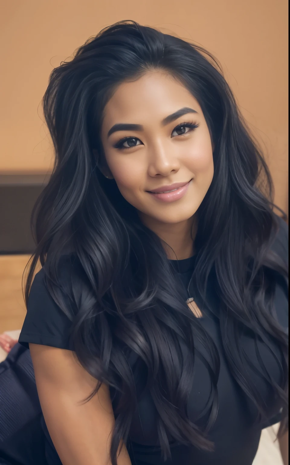 Young Thai woman, Fit physique, fitness physique, portant de la lingerie noire sexy, watch on the canapé, les jambes ouvertes, corps sexy, (8K), (best quality), (chef-d&#39;artwork:1.3), (realistic), (Photorealistic:1.34), ultra-detailed, [Beautiful detailed eyes], (sourire), (sourire), (beautiful detailed nose), [cheveux blonds très longs], (haut court), lingerie noire, (superbes seins taille normale), (gros plan), profondeur de champ, full body view, sitting on the sofa, legs spread, montrant l&#39;entrejambe, pieds en l'air