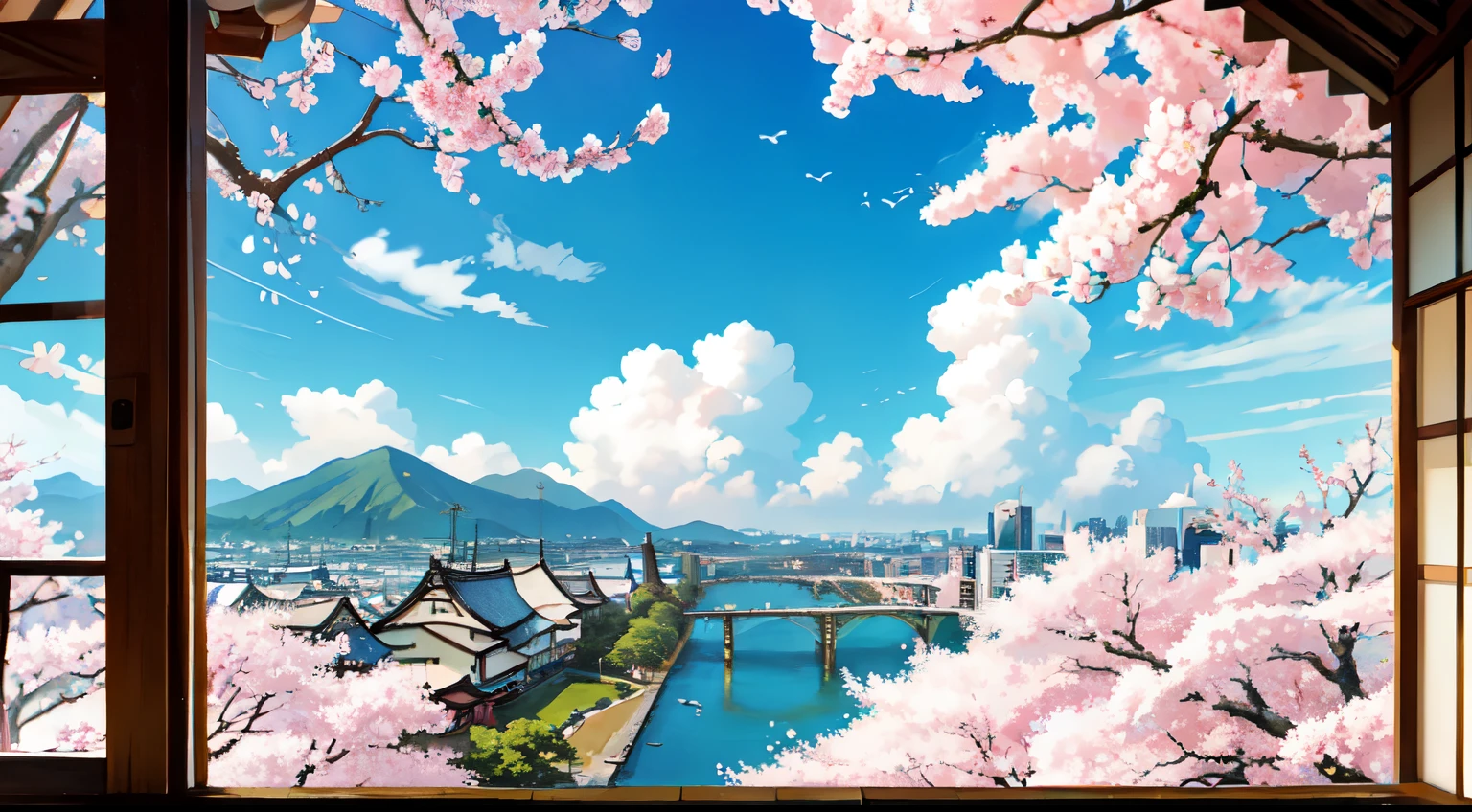 A masterpiece of high quality, landscape, cherry blossoms, bright blue sky. Japanese cityscape, リアルなlandscape