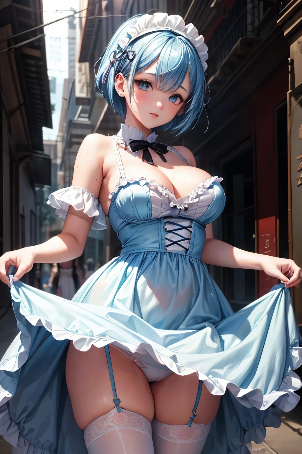 (highest quality, High resolution:1.2), (girl standing and looking at me),Maid clothes、ta costume、 detailed and beautiful eyes, blue hair、short hair、rezero rem、Rem dense and beautiful lips, highly detailed eyes and face, long eyelashes, Moderate:oil, Bright colors, HDR, studio lighting, Ultra-fine painting, sharp focus, Physically based rendering, extreme details, portrait, curved body, Moderate胸, perfect shape, Face-to-face audience, sweaty, nice, Half-body photo, displayed in full frame, lace sexy underwear,babydoll、exposed bare shoulders, outside, ancient city、wet clothes