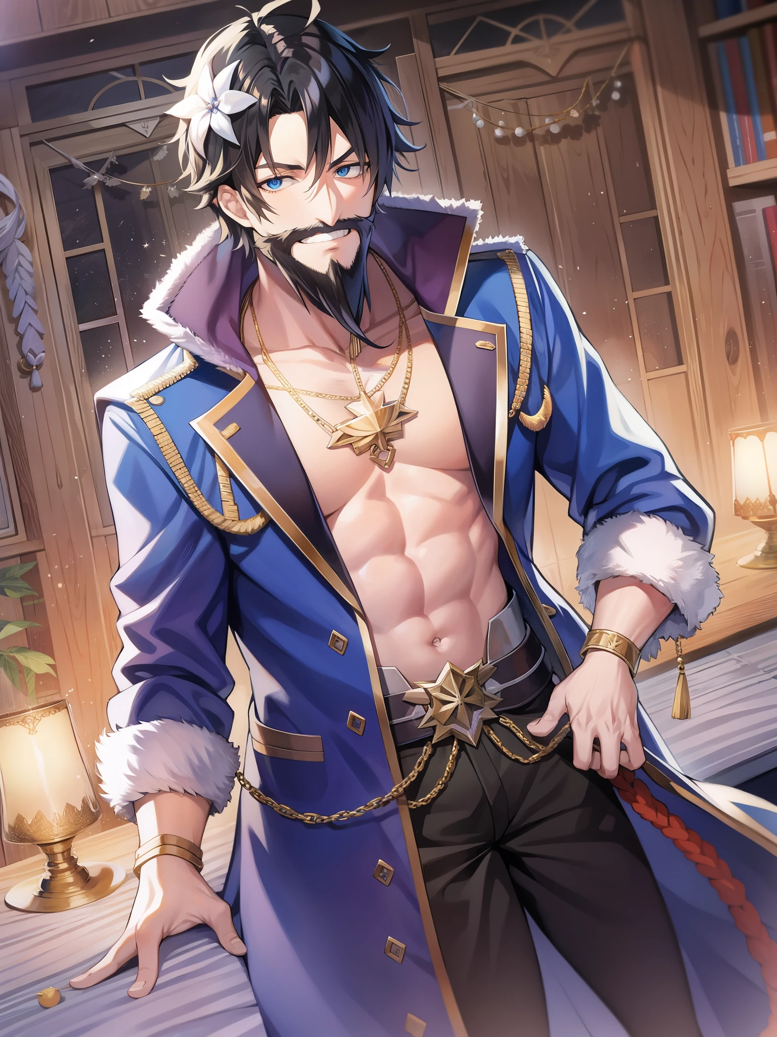 Fate/Grand/Order、Chaldea Summer Adventure!、sandy beach、(((midsummer gentleman)))+++、(((Sunglasses on the head)))+++、(((In a blue jacket)))+++、(((blue aloha shirt)))+++、(((white pants)))+++、(((light blue pearl)))+++、(((wink)))+++、(((big smile)))+++、(((Gut Pose)))+++、black beard、edward teach、black hair、black beard、black cloak、red pants、golden necklace、middle-aged otaku、creepy otaku、V-shaped eyebrows、