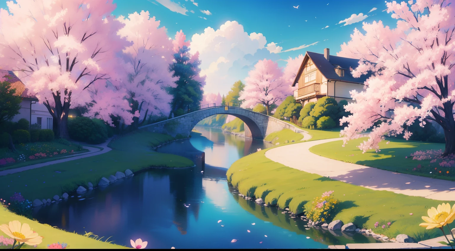 masterpiece, highest quality, (Highly detailed unified CG 8K wallpaper) (highest quality), (Best Illustration), (best shadow) natural tree with pink flowers, yellow house, river, bridge, Super careful --v6